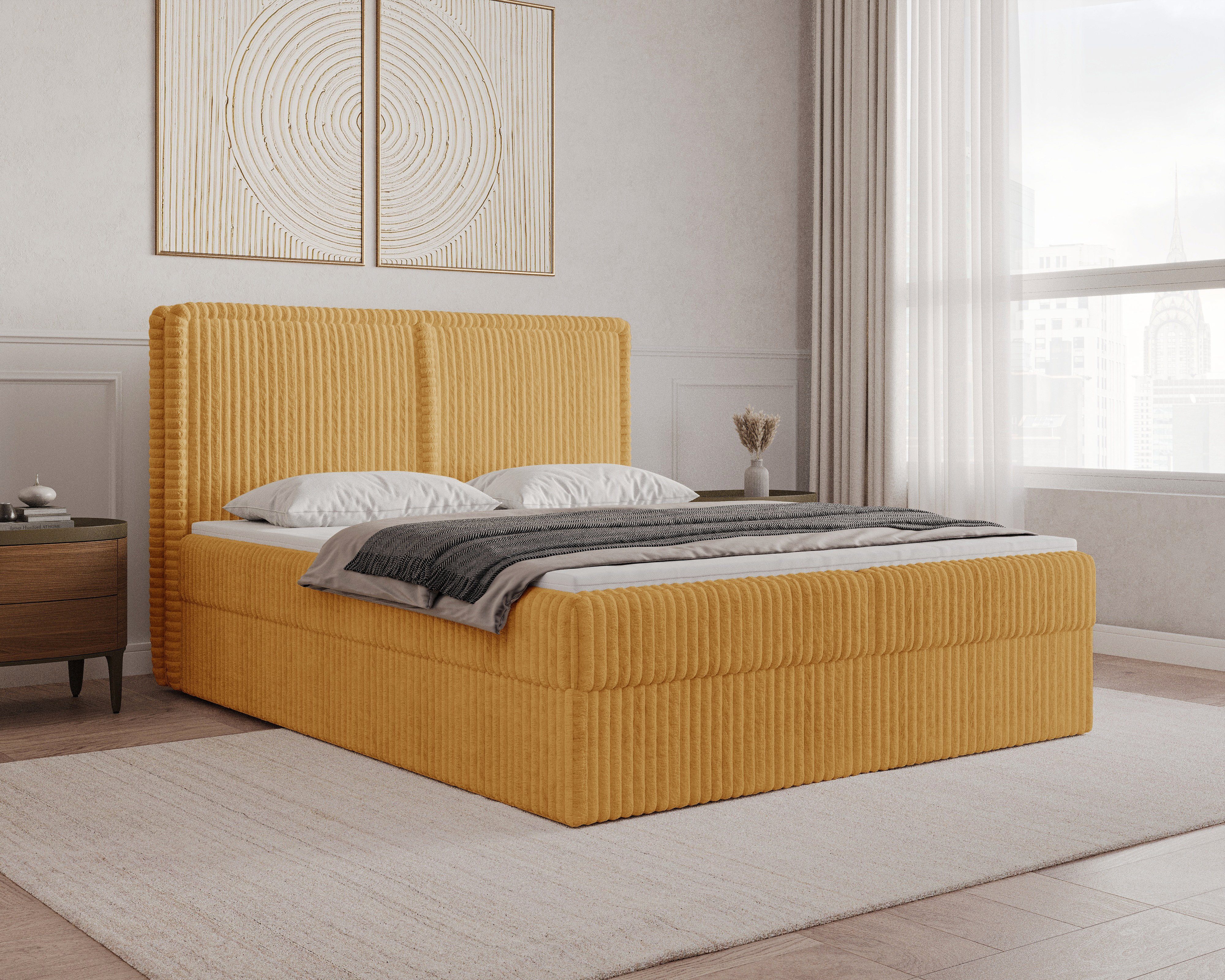 MOEBLO Boxbett BETT 04 aus Cord (mit Bettkasten und Topper – Cord Polsterbett Bett 04 mit gestepptem Kopfteil, Federmechanismus und Stauraum, Doppelbett 140x200, 160x200, 180x200 cm, Boxbett inklusive Topper und integriertem Bettkasten), (B x H x T): 143/163/183 x 113 x 214 cm