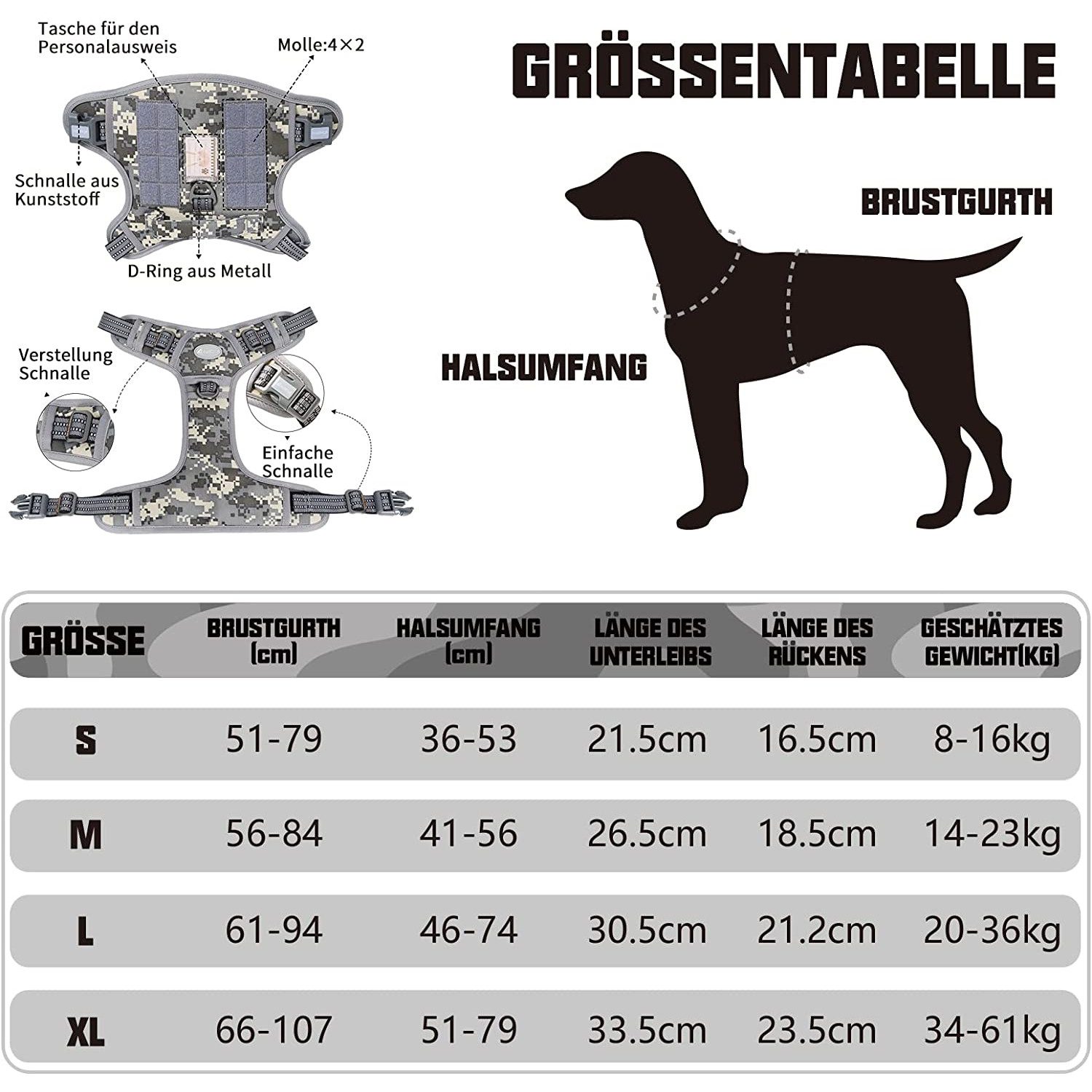 TUWENA Hunde-Geschirr Taktisches Hundegeschirr, Anti Zug Sicherheitsgeschirr für Hunde, Einfaches Anlegen & Einstellen