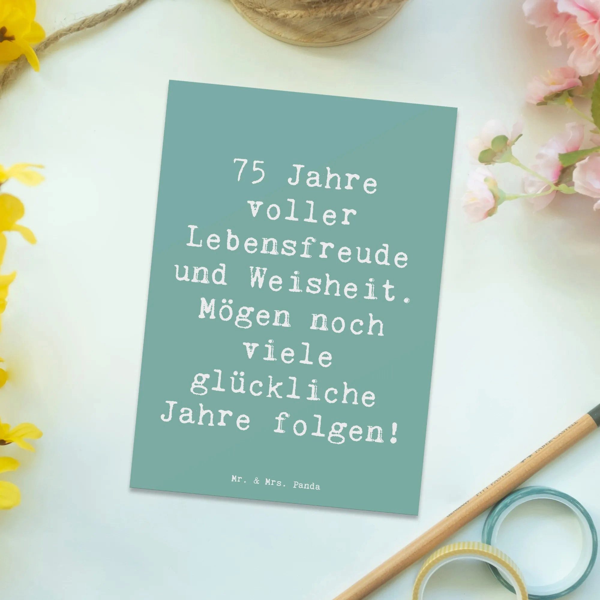 Thumbnail - Mr. & Mrs. Panda Postkarte Spruch 75. Geburtstag Lebensfreude - Meeresbrise - Geschenk, Jubiläum, Glücksmomente teilen