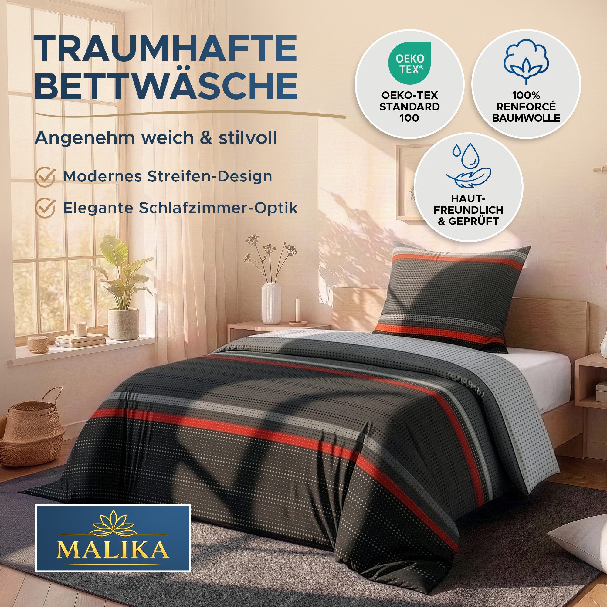 Malika Bettwäsche 135x200 + 80x80 cm atmungsaktiver Baummwoll Renforce Bettbezug, Renforce Baumwolle, 2 teilig, Für Allergiker geeignet, pflegeleicht, angenehm weicher Stoff