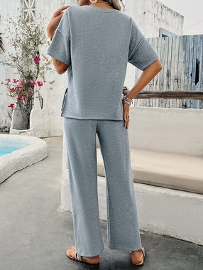 ZWY Relaxanzug Damen-Pulloveranzug mit kurzen Ärmeln, Rundhalsausschnitt, Hosenanzug (Größe: S-XL) Gestrickt, geknöpft