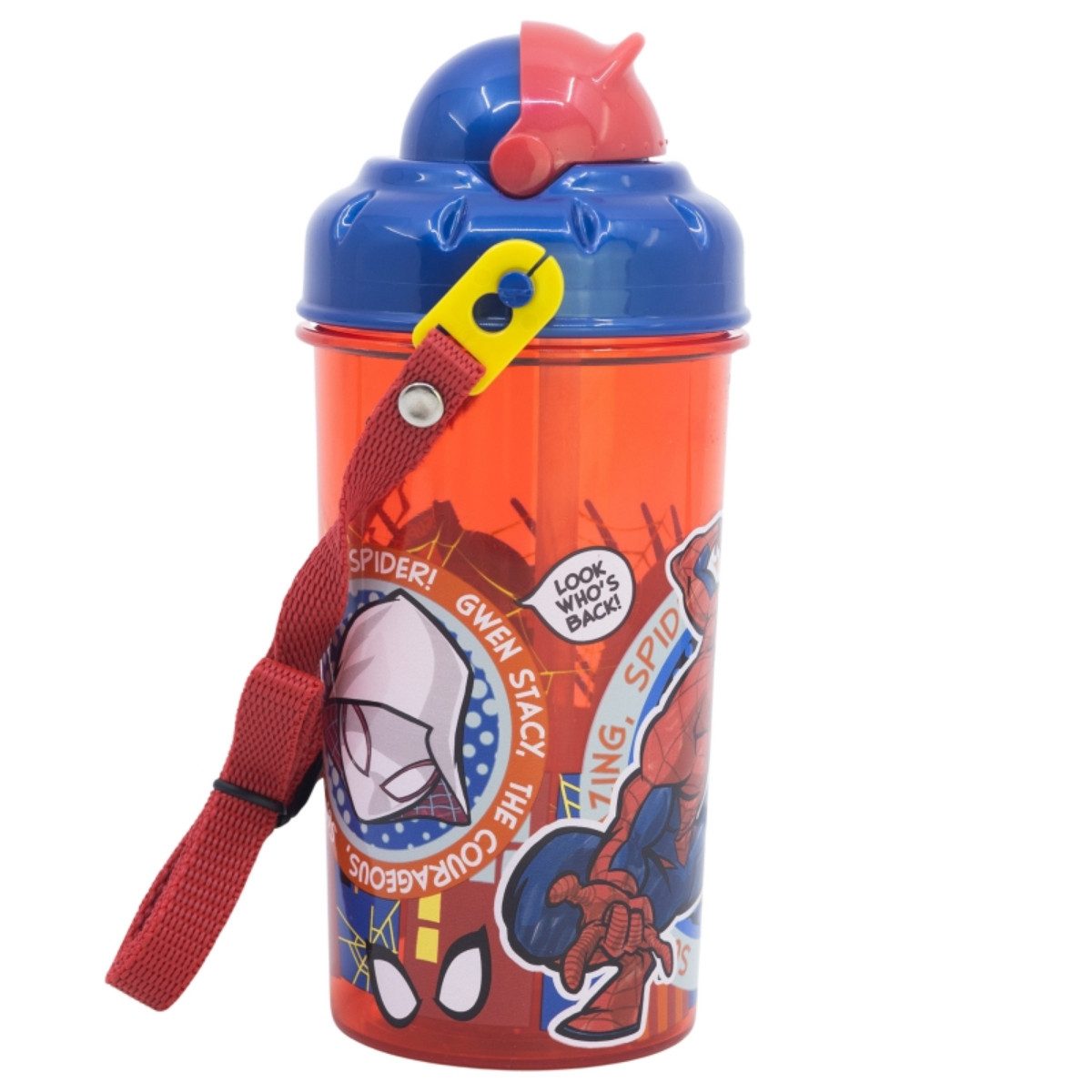 Storline Trinkflasche Spiderman Kinder 465 ml mit Strohhalm und Tragegurt