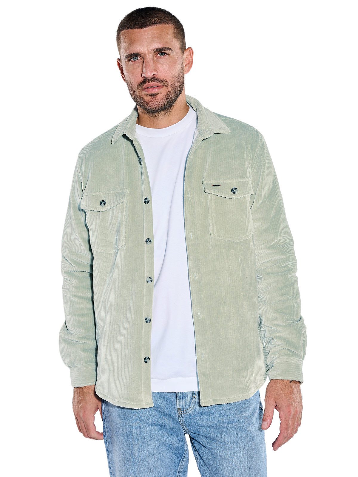 emilio adani Langarmhemd Herren Cord-Overshirt mit Teddy-Futter, Hellgruen