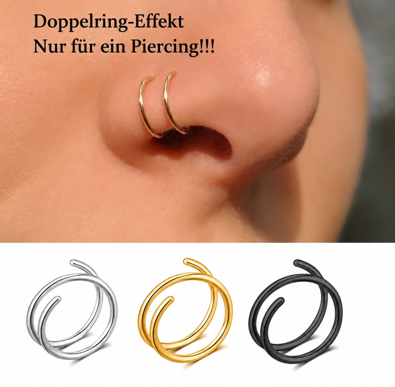 Karisma Schmuck Nasenpiercing-Set Doppelring Hoop Nasenstecker 3er Set 0,8x8 mm – Double Hoop, Nostril aus Chirurgenstahl in Silber, Gold & Schwarz