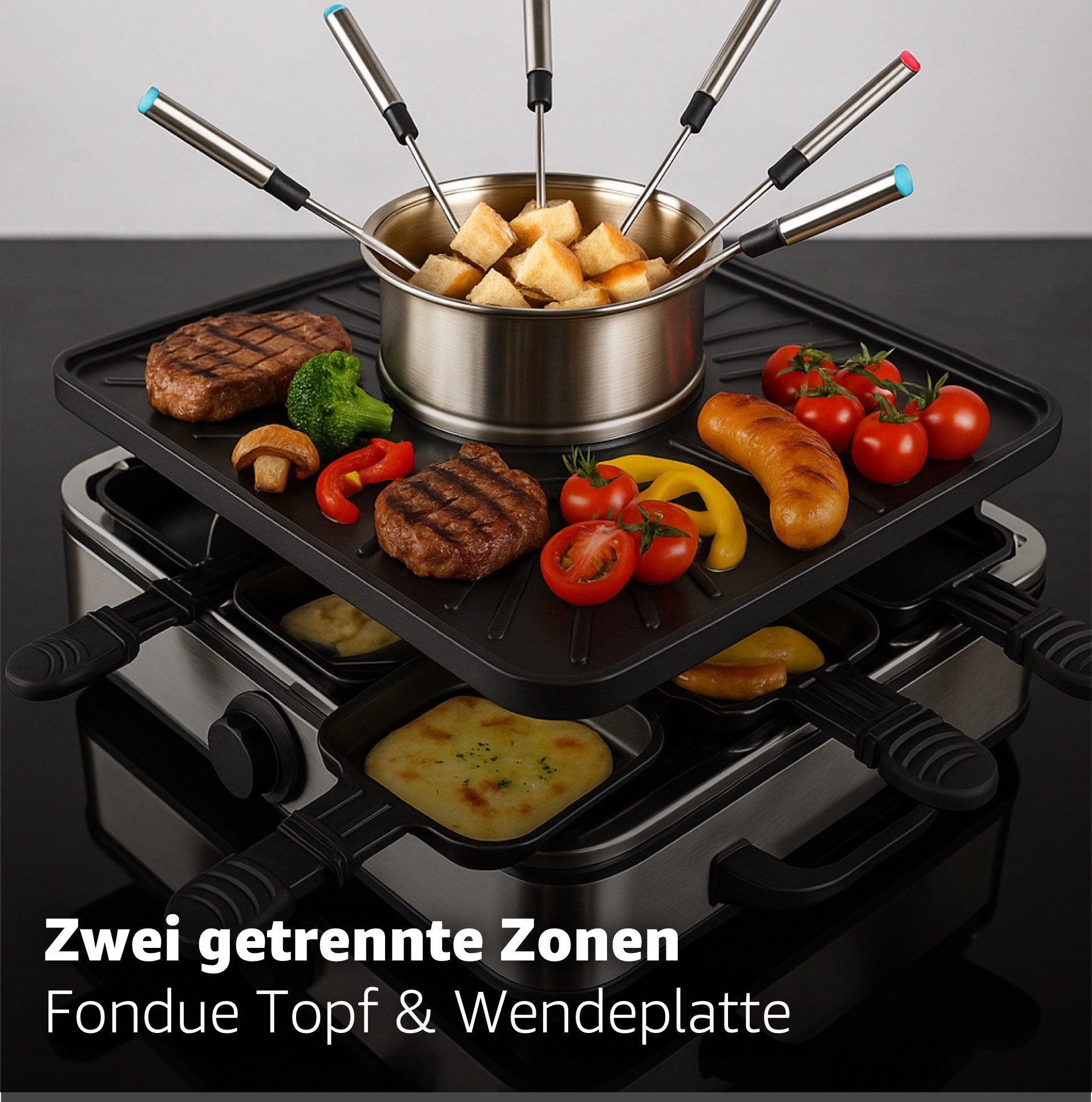 HaushaltO Raclette Raclette Set für 8x Personen - Grillplatte & Steinplatte, 8 Raclettepfännchen, 1400,00 W, mit Steinplatte
