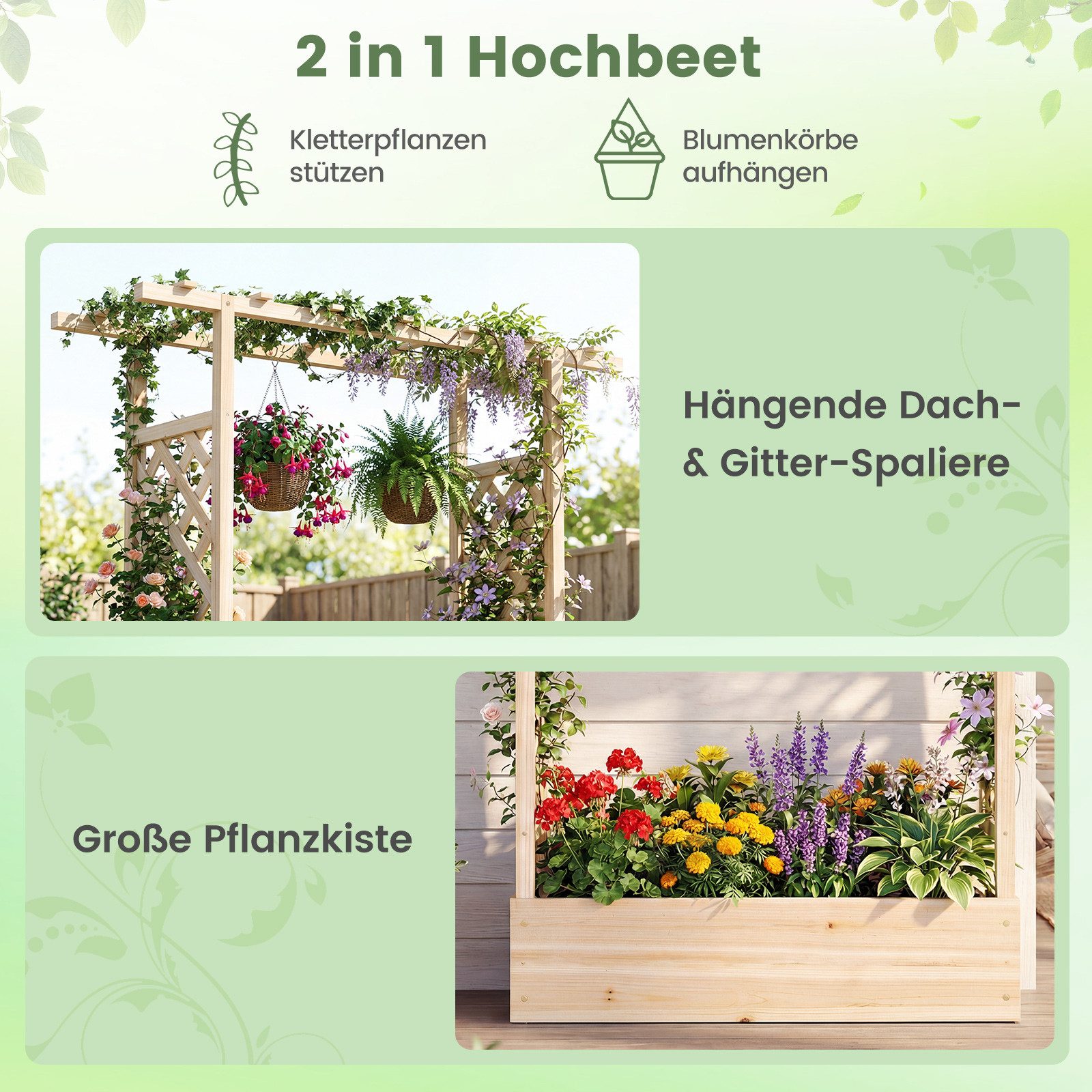 COSTWAY Blumenkasten (1 St), mit Rankgitter, Hochbeet für Kletterpflanzen, Sichtschutz