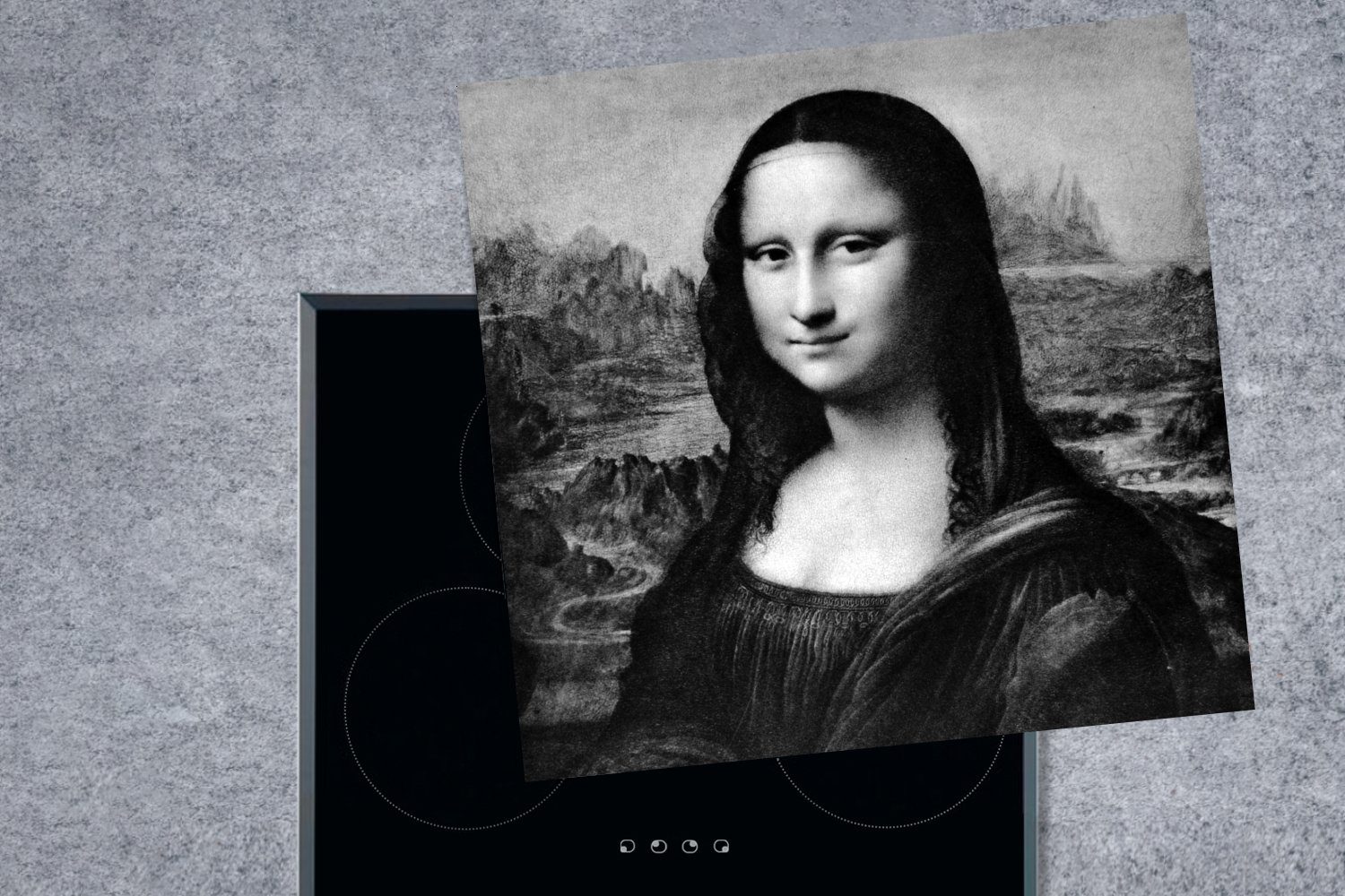 tlg), 78x78 für Vinci, Mona Lisa küche da (1 Arbeitsplatte Vinyl, cm, Herdblende-/Abdeckplatte Leonardo - MuchoWow Ceranfeldabdeckung,