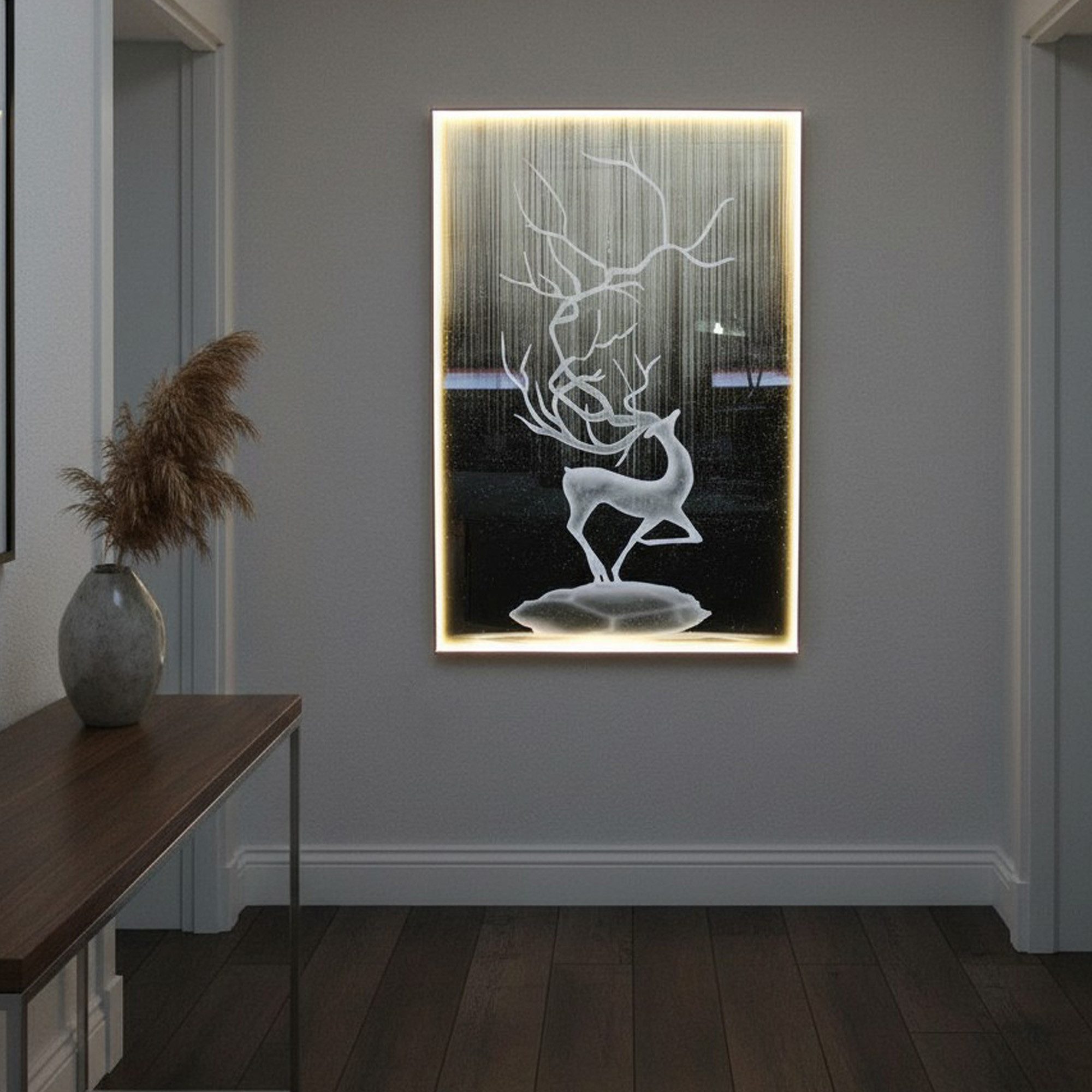 Arnusa Wandbild LED Bild Glasbild groß 100 x 70 cm warmweiß Wanddeko, Hirsch, USB mit Fernbedienung XXL