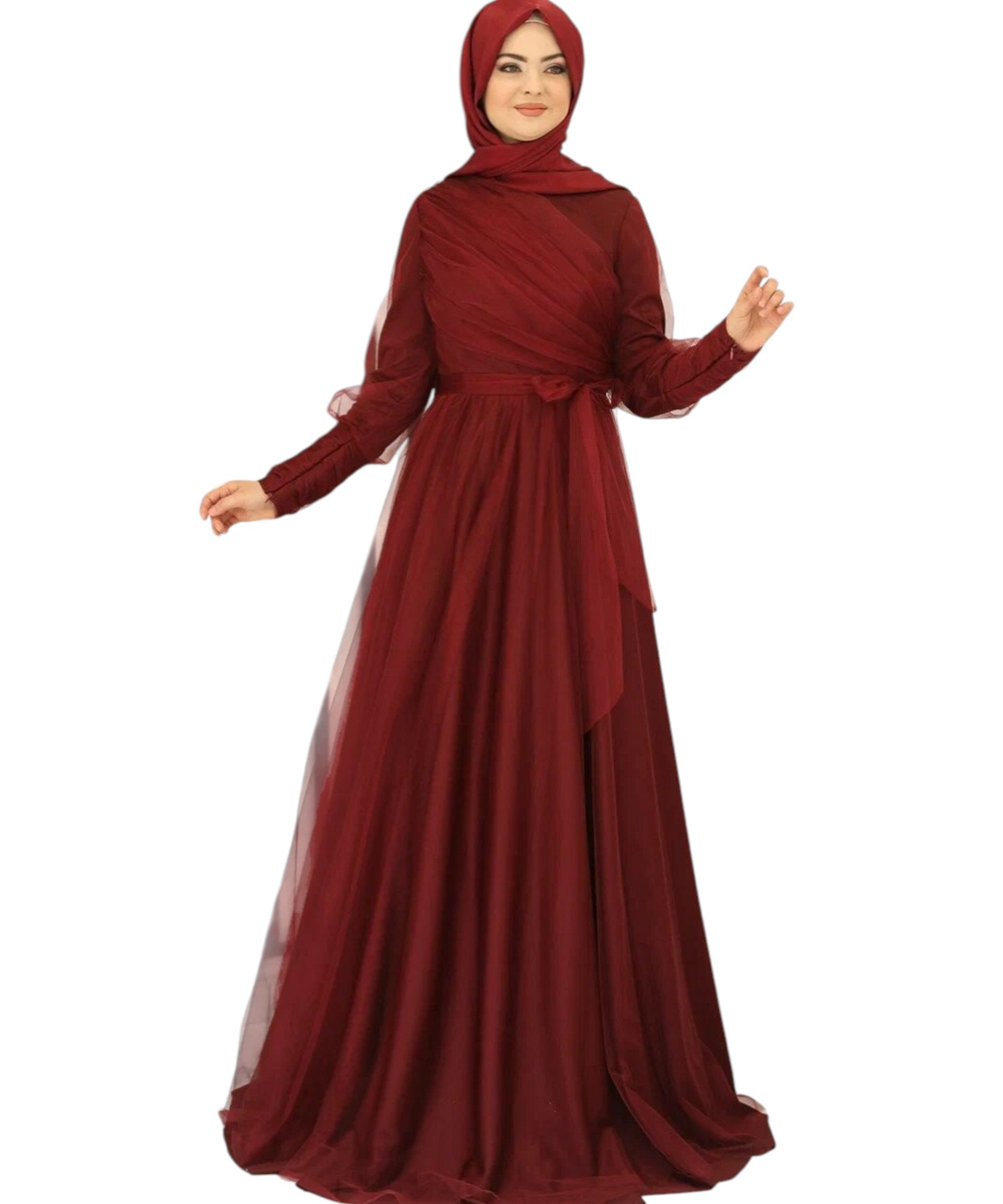 Modavitrini Tüllkleid Maxikleid langarm Abendkleid festlich elegant mit Gürtel bodenlang gefüttert, blickdicht