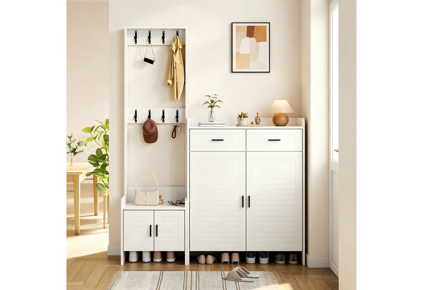 Merax Garderoben-Set Garderobenschrank mit Schuhschrank, (Schuhregal mit 10 Staufächern, 1-St., für Eingangsbereich), Flurgarderobe mit 8 Haken, 2 Schubladen & 2 Türen, 125x36x165 cm