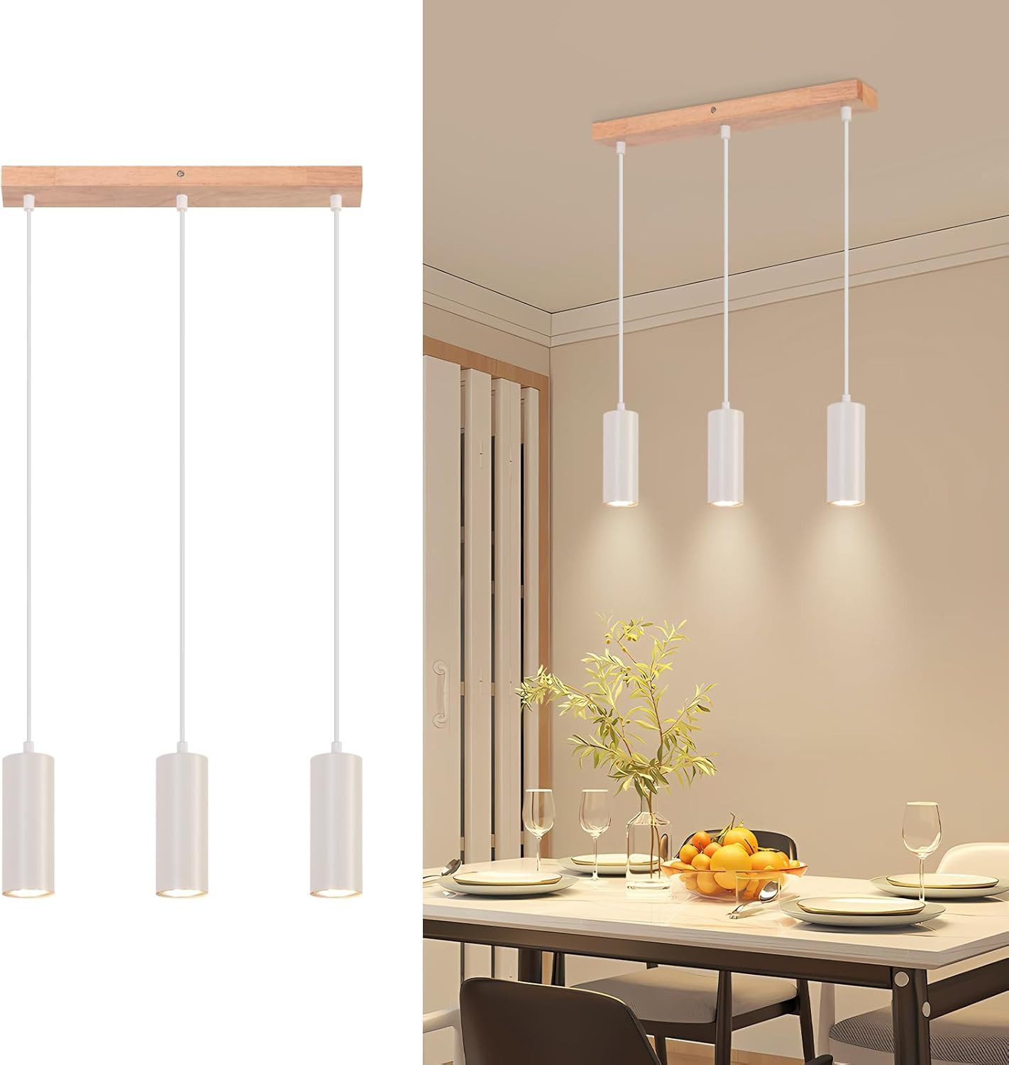 ZMH Pendelleuchte Esszimmer 3 Flammig Holz - Weiß Hängelampe Vintage für Wohnzimmer, Höhenverstellbar, ohne Leuchtmittel