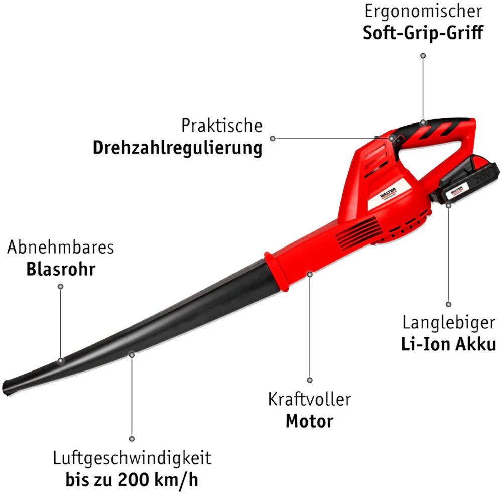 WALTER Akku-Laubbläser 20V Akku Laubbläser inkl. Akku (2Ah) und Ladegerät
