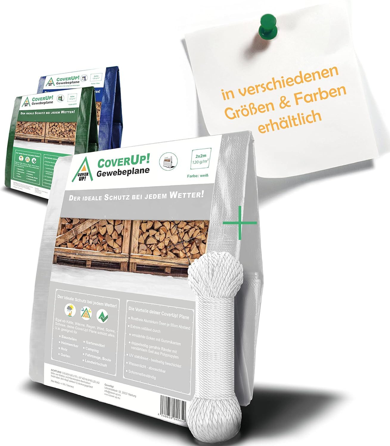 Schutzplane Abdeckplane Wasserdicht - 120g/m², Gewebeplane mit Ösen (Verstärkte Gummiecken - Plane Wasserdicht UV-Schutz für Gartenmöbel), Bauplane, Zeltplane inkl. Seil