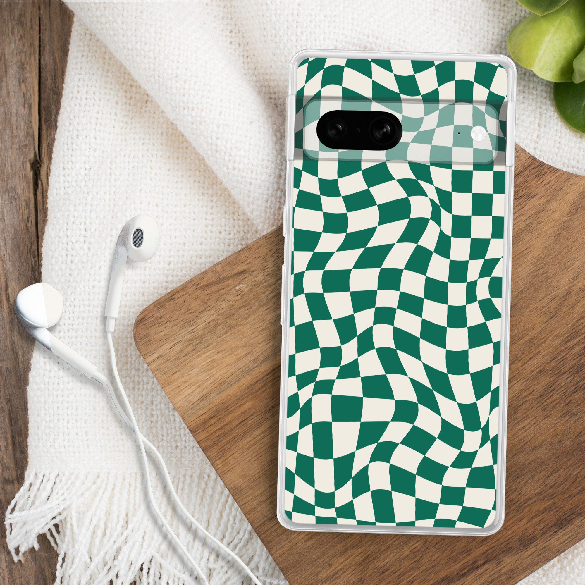 MuchoWow Handyhülle für Google Pixel 7 Gewellte Boxen - Grün - Weiß - Abstrakt, Phone Case, Silikon, Schutzhülle Dünn