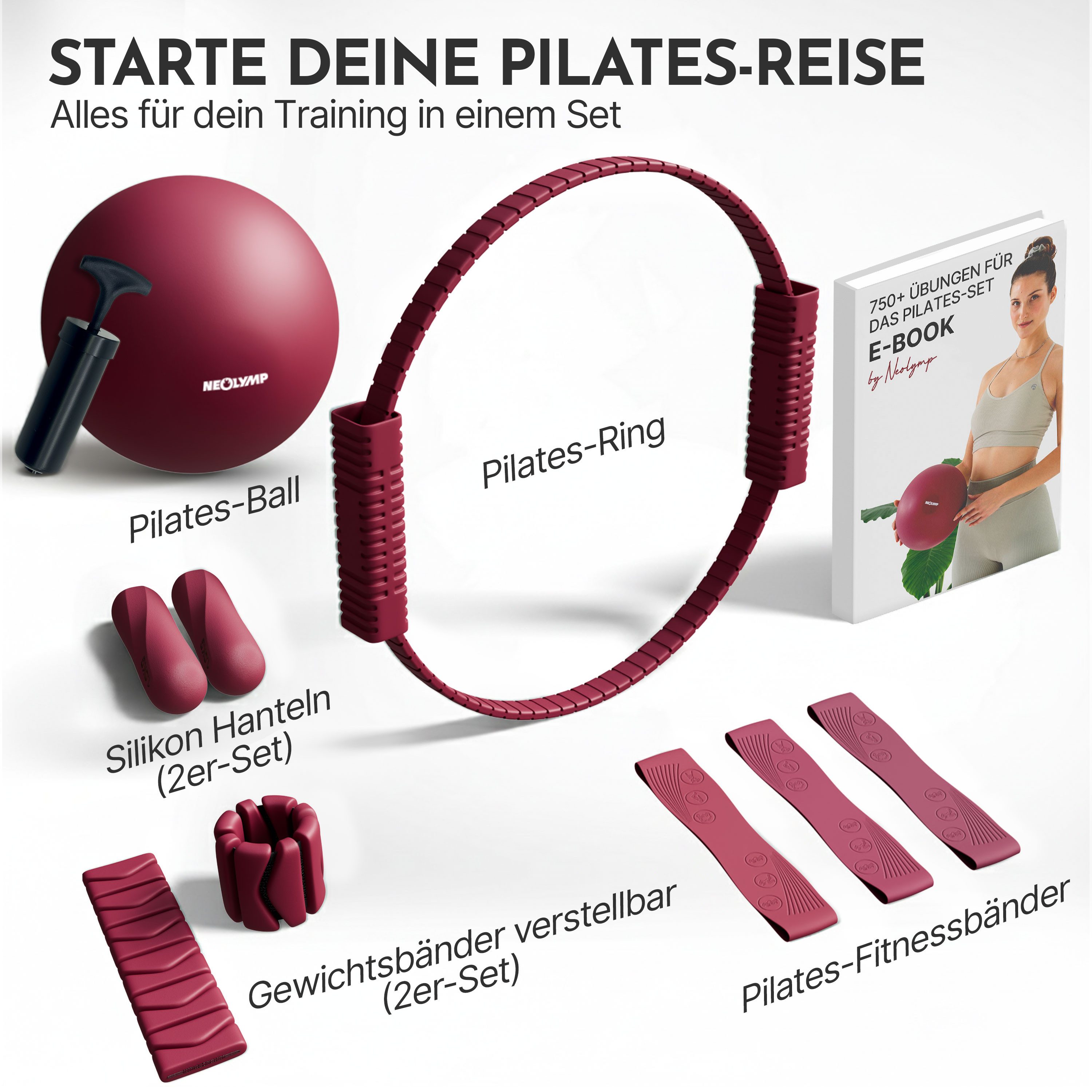 NEOLYMP Pilates-Ring Pilates Set für Zuhause – Pilates Ball, Pilates Ring & Gewichte (Set, Pilates Essential Kit Damen & Anfänger - Home Pilates), Pilates Zubehör Set – inkl. Pilates Bänder, 1kg Hanteln & E-Book