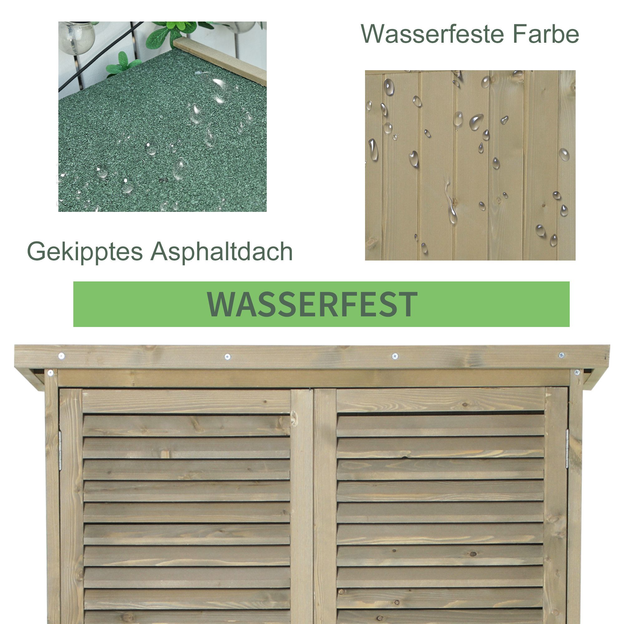 CHICFURN Gerätehaus Geräteschuppen Gerätehaus Gartenschrank, Holz, BxT: 87x46.5 cm, (Packung, 1 St., 87 x 46,5 x 160 cm), Asphaltdach, Lamellentür, 4 Fächer, Grau