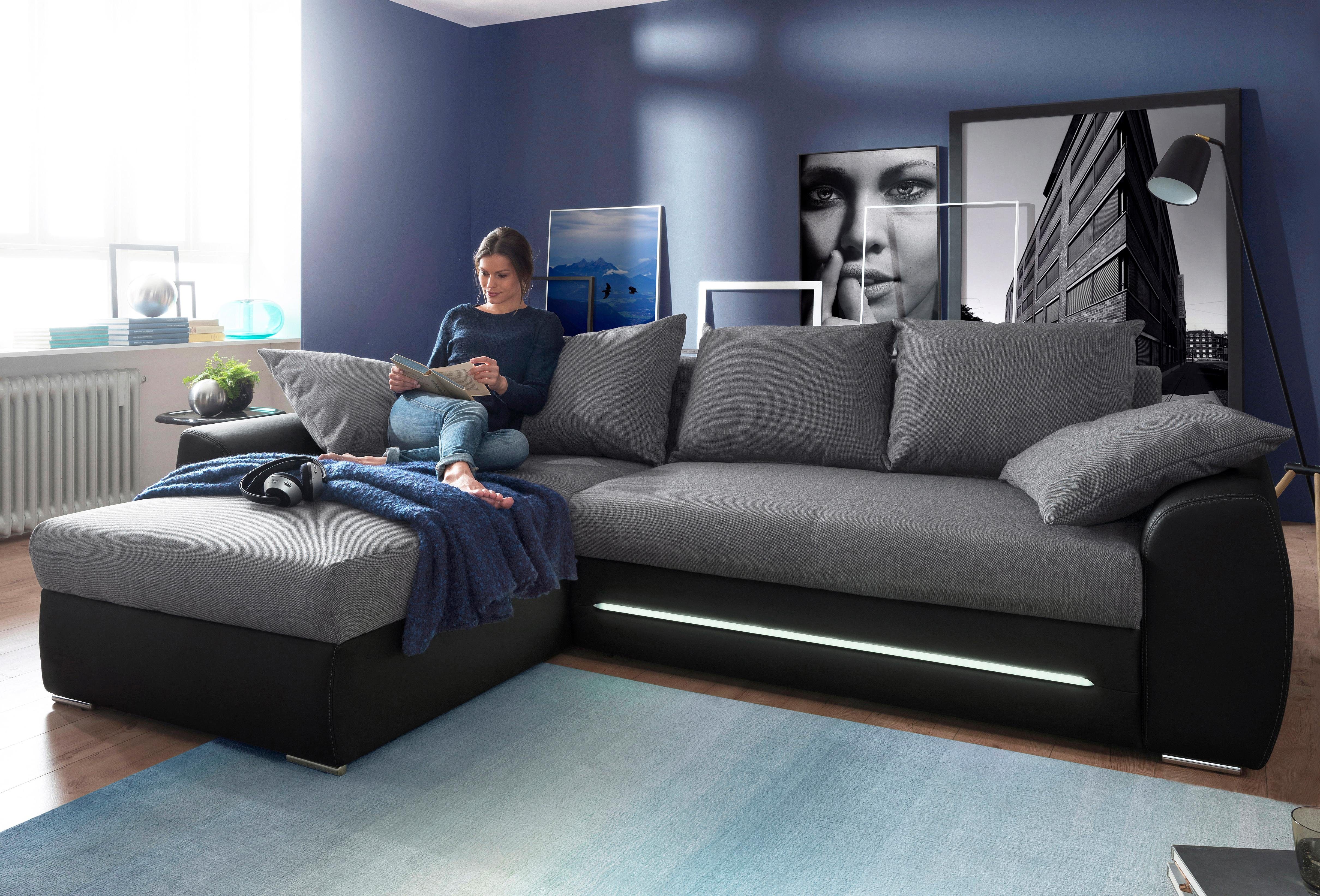 Gruppe LED-Beleuchtung, Bettfunktion | Ecksofa mit Bettkasten und Jockenhöfer inklusive Basel, schwarz schwarz