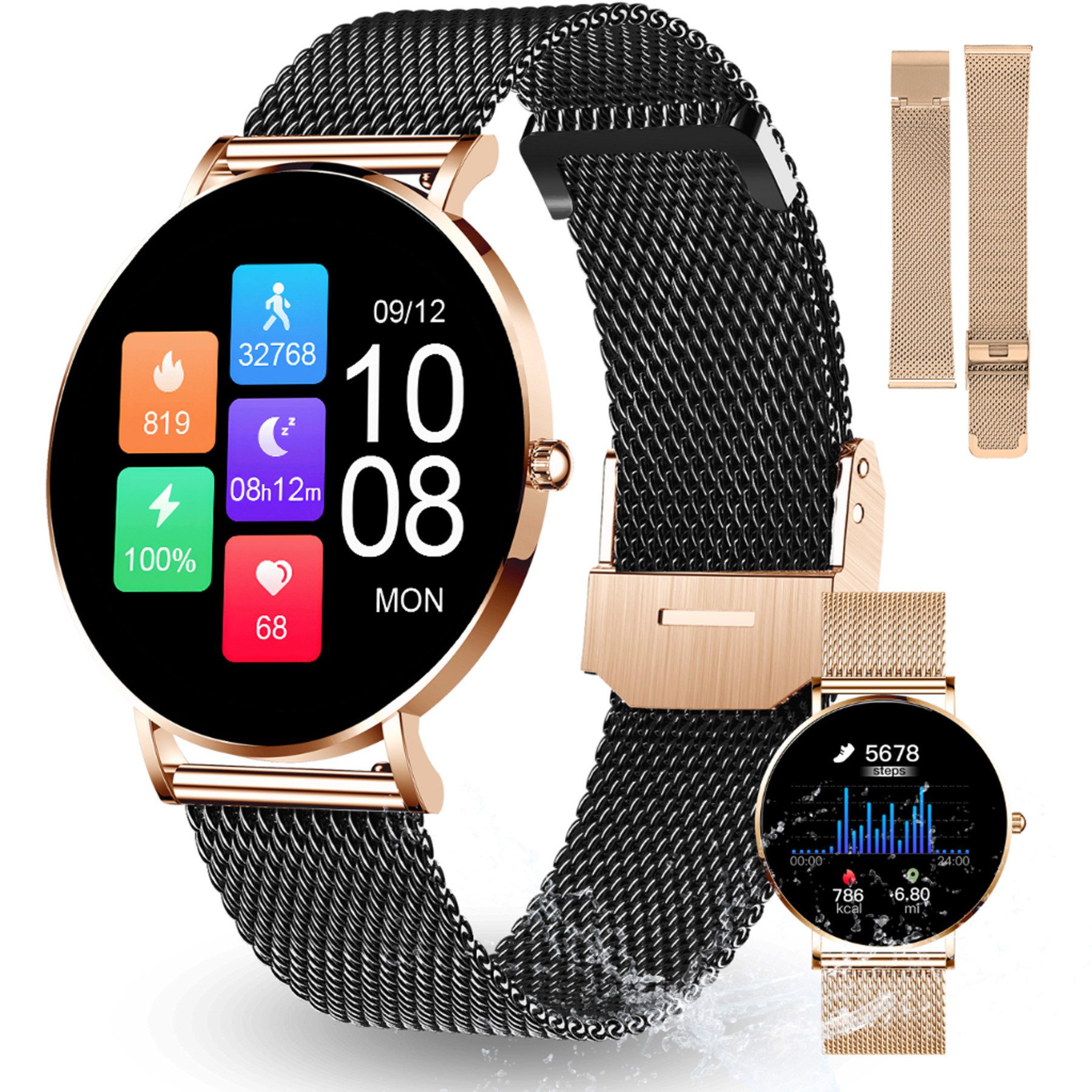 XCOAST SIONA 2 Damen Smartwatch (4,2 cm/1,3 Zoll, iOS und Android) Kostenloses Zusatzarmband enthalten / Gehäuse Rosegold (hell), 4-tlg., - 2in1 PROMOPACK (enthält 2 Mesh Armbänder: Schwarz und Rosegold) -, Wasserdicht/Flach/Puls/Blutdruck/Blutsauerstoff/Sport/Elegant