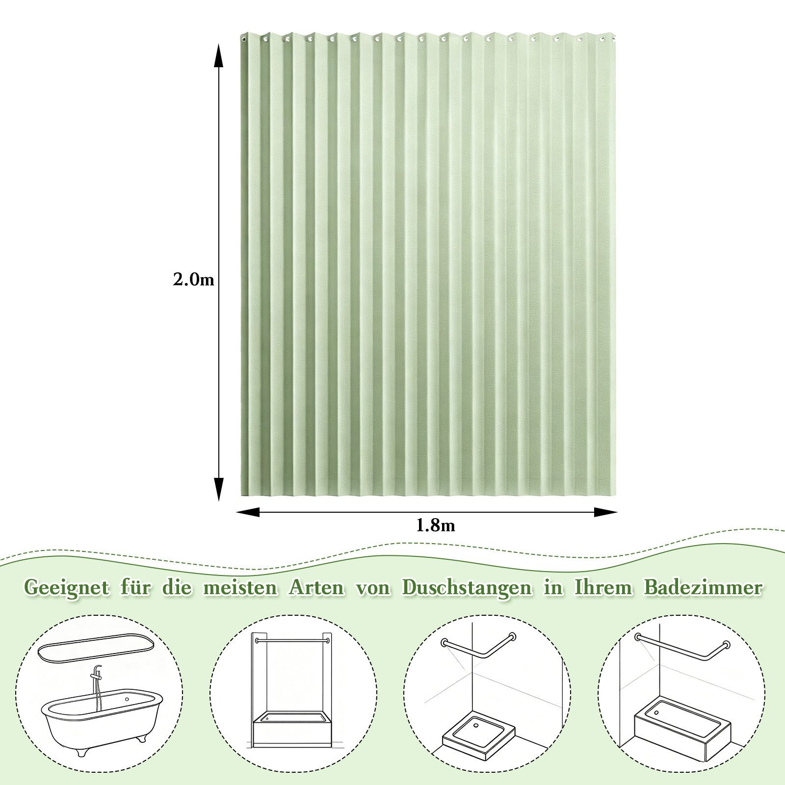 M&W DAS DESIGN Duschvorhang 180x200 Faltbar Anti Schimmel Waschbar Grün – Bild 2 von 5