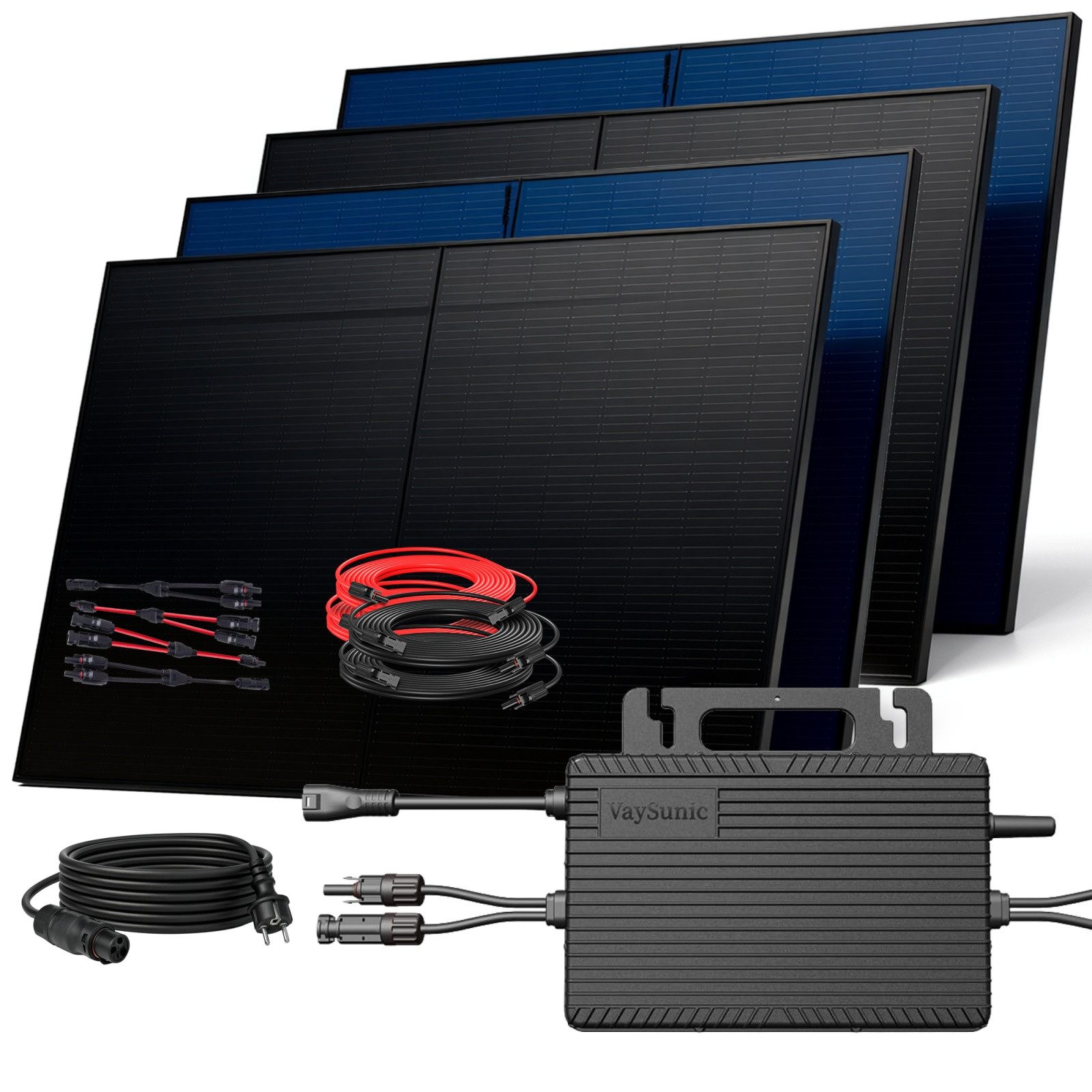 SUNNIVA Balkonkraftwerk 2000W BIFAZIAL FULLBLACK komplett Steckdose, (VAYSUNIC VM800WE-BE-P2 800W Wechselrichter, PV Solaranlage Komplettset,4x500W Glas-Glas Bifacial Solarmodule, 5m + 4x2,5m Kabelset)
