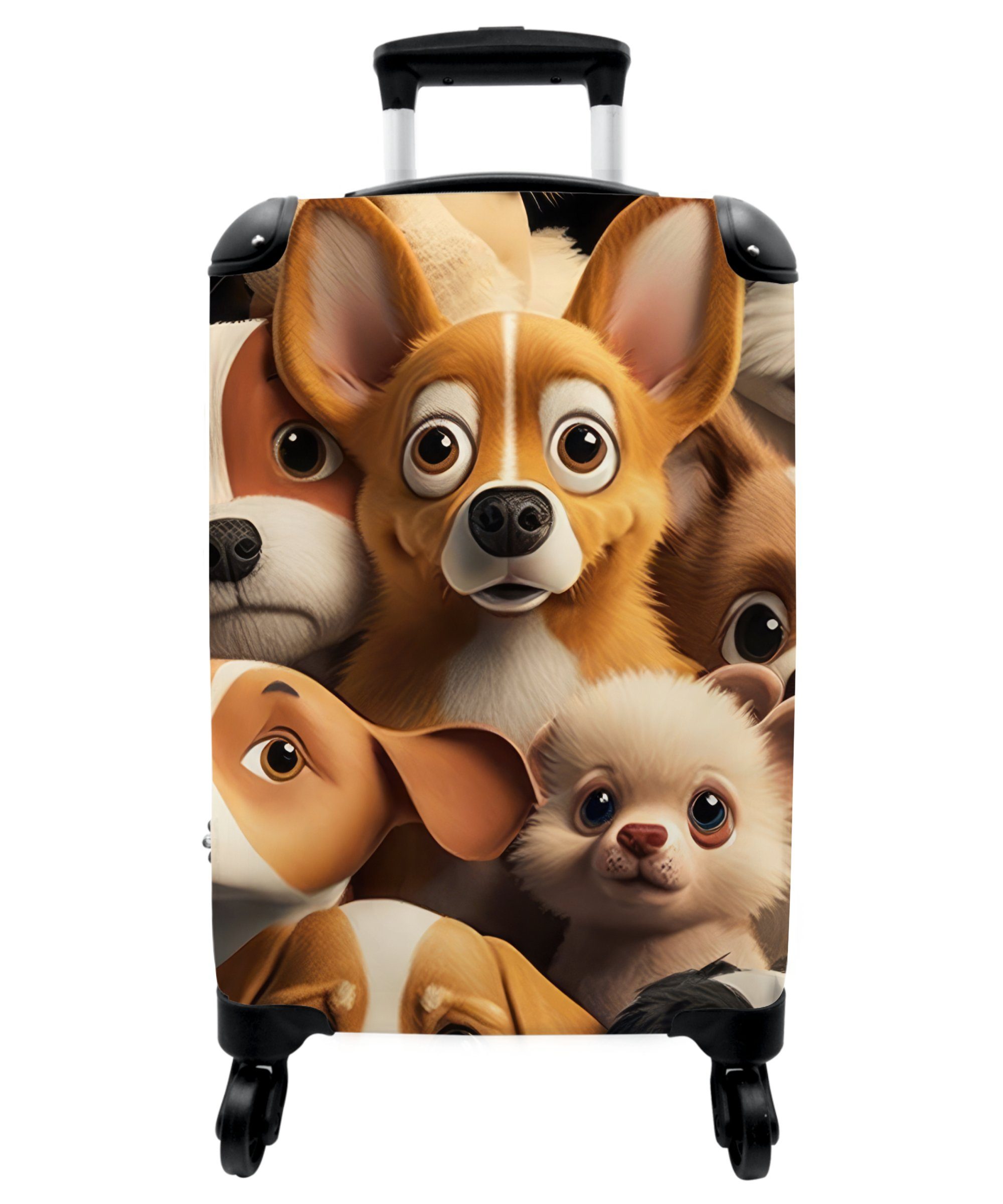 NoBoringSuitcases.com© Kinderkoffer Rollen, Reisetasche Kindertrolley, - Handgepäck Tiere Hunde 55x35x20cm Ferien, - 4 Muster Kind, für Koffer - - rollen, - Braun mit Schwarz