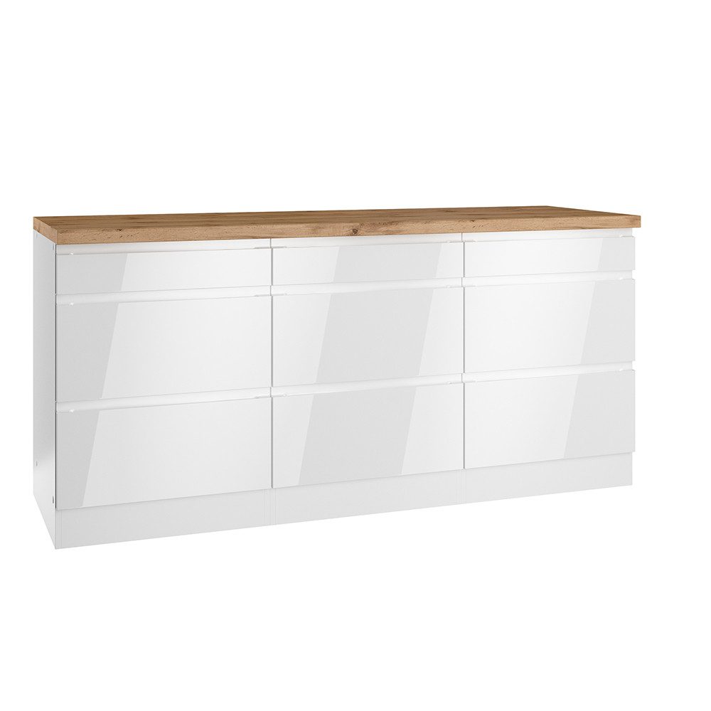 Lomadox Кухниzeile MARSEILLE-03, Unterschrank 180cm mit 9 Schubladen, weiß Hochglanz & Eiche
