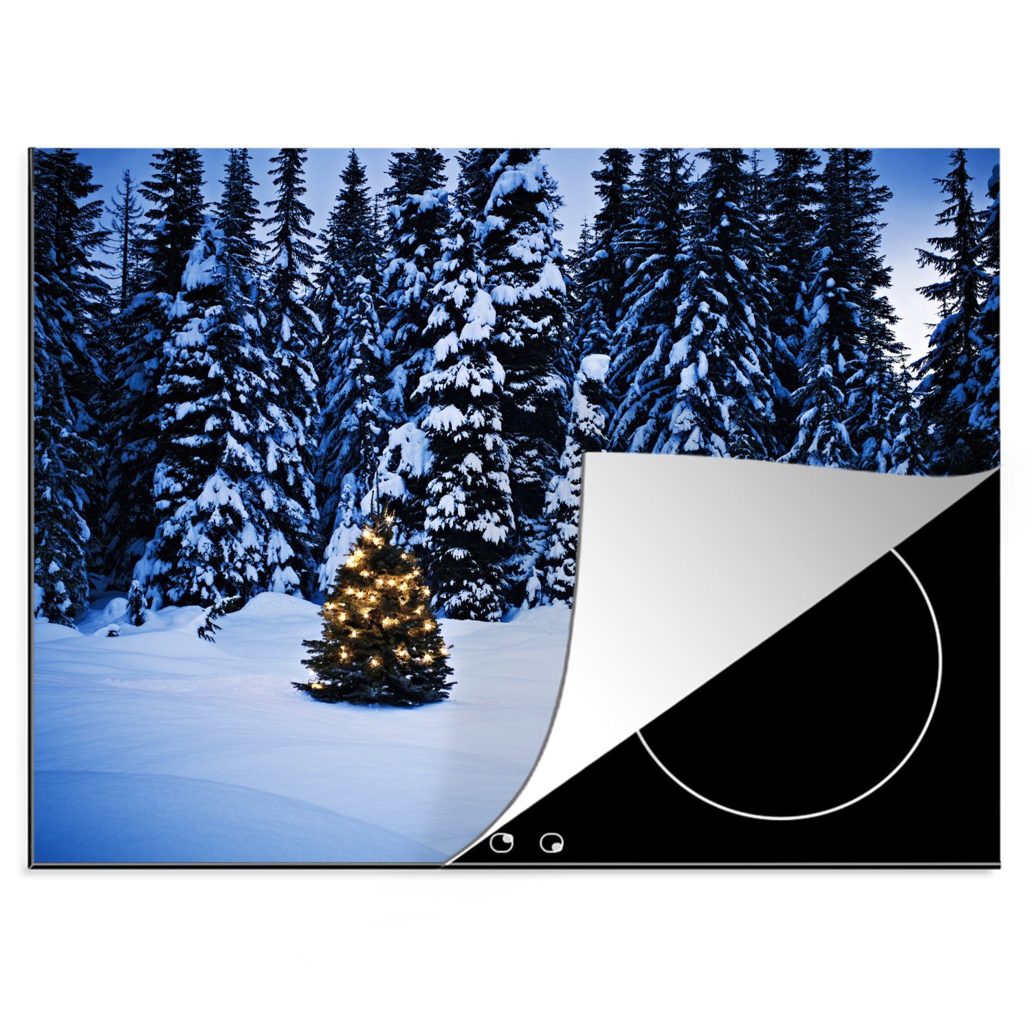 MuchoWow Herdblende-/Abdeckplatte Eine winterliche Umgebung mit einem Tannenbaum, Vinyl, (1 tlg), 70x52 cm, Mobile Arbeitsfläche nutzbar, Ceranfeldabdeckung