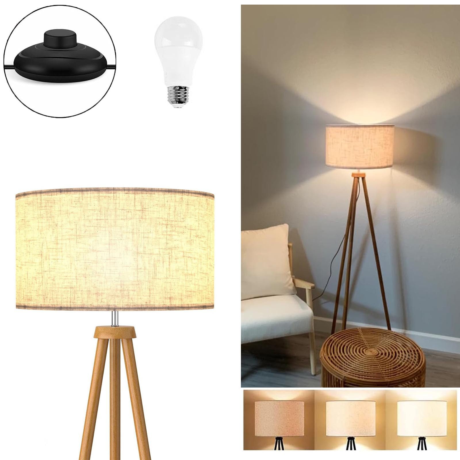 LED Stehlampe Dreibein-Stehlampe 3 Farbtem mit Fußschalter, Skandinavischer
