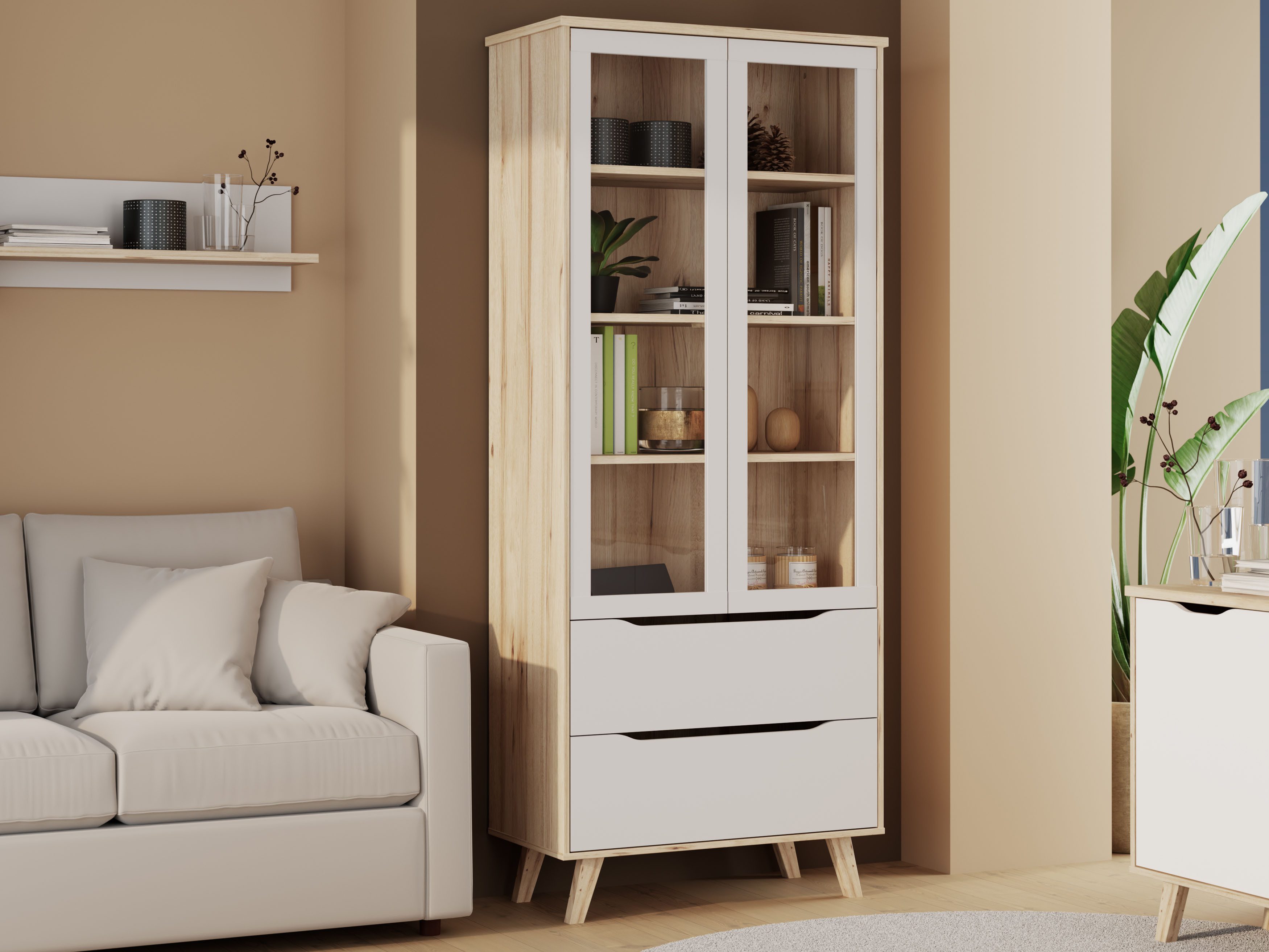 FORTE Vitrine Vankka Stauraumvitrine (B/H/T 84,7/201,5/41,7 cm) 2 Glastüre, Grifflos, zeitloses Design, 2 Schubkästen – Bild 5 von 5