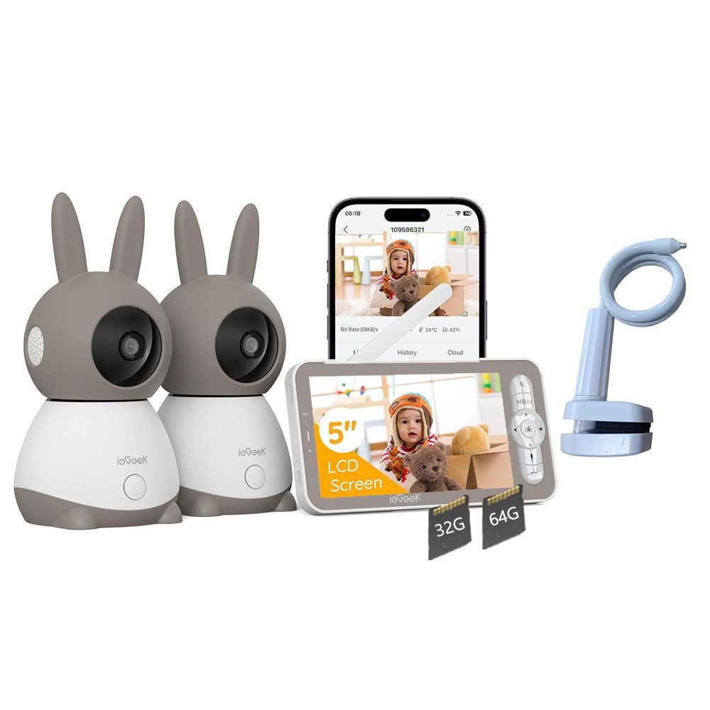 Babyphone Babyphone mit 2 Kamera 2K/3MP 5 Zoll mit Halterung mit 32&64G Karte