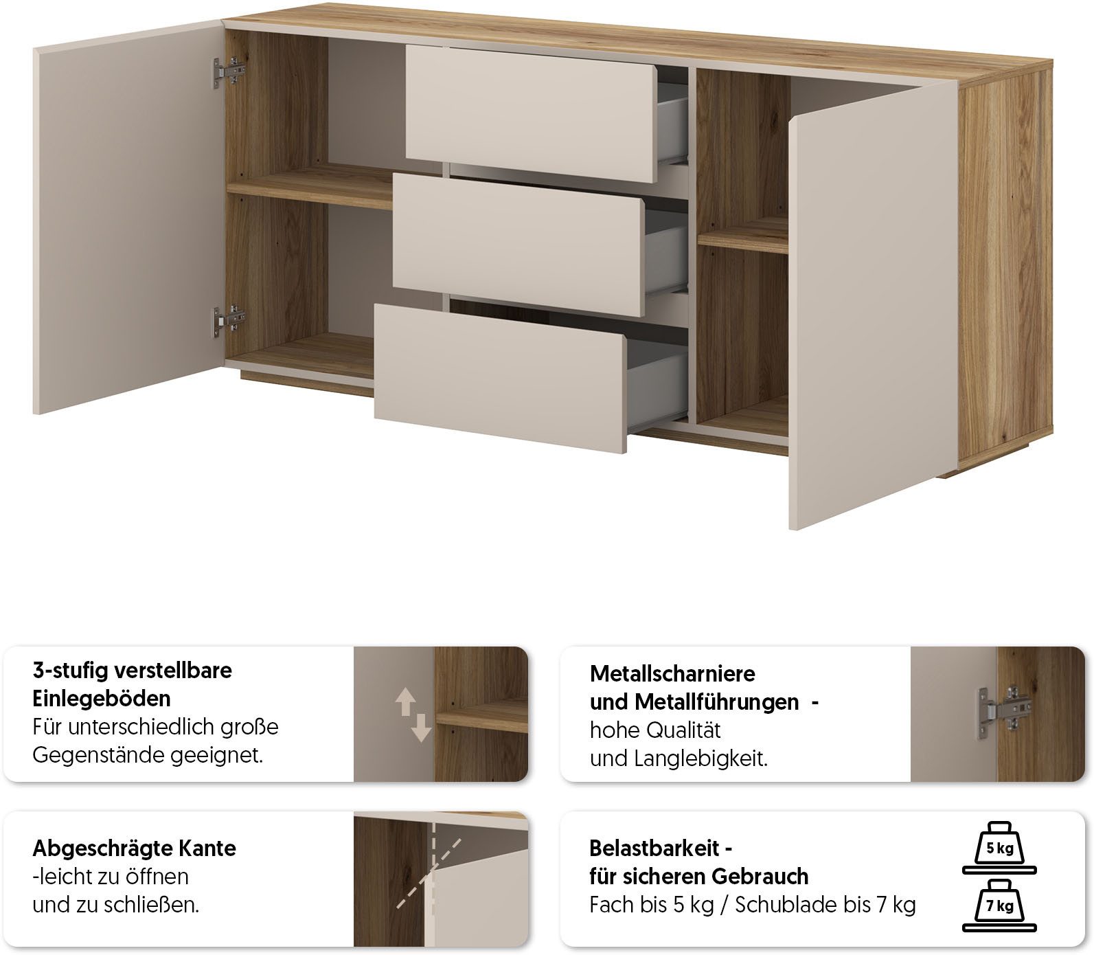 OTTO home Sideboard Criss, Breite 150 cm, moderne grifflose Kommode 2Türen/3SK, Schubladenkommode mit viel Stauraum, Einlegeböden verstellbar