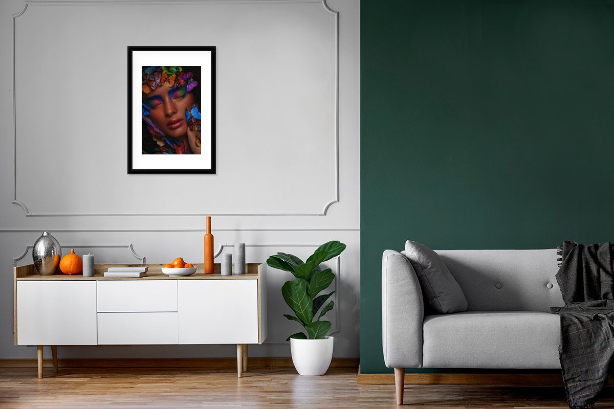 Poster Schmetterlinge - Frau St), Kunstdruck, Bilderrahmen (1 - Gerahmtes MuchoWow Regenbogen, mit Rahmen, Schwarzem Poster,