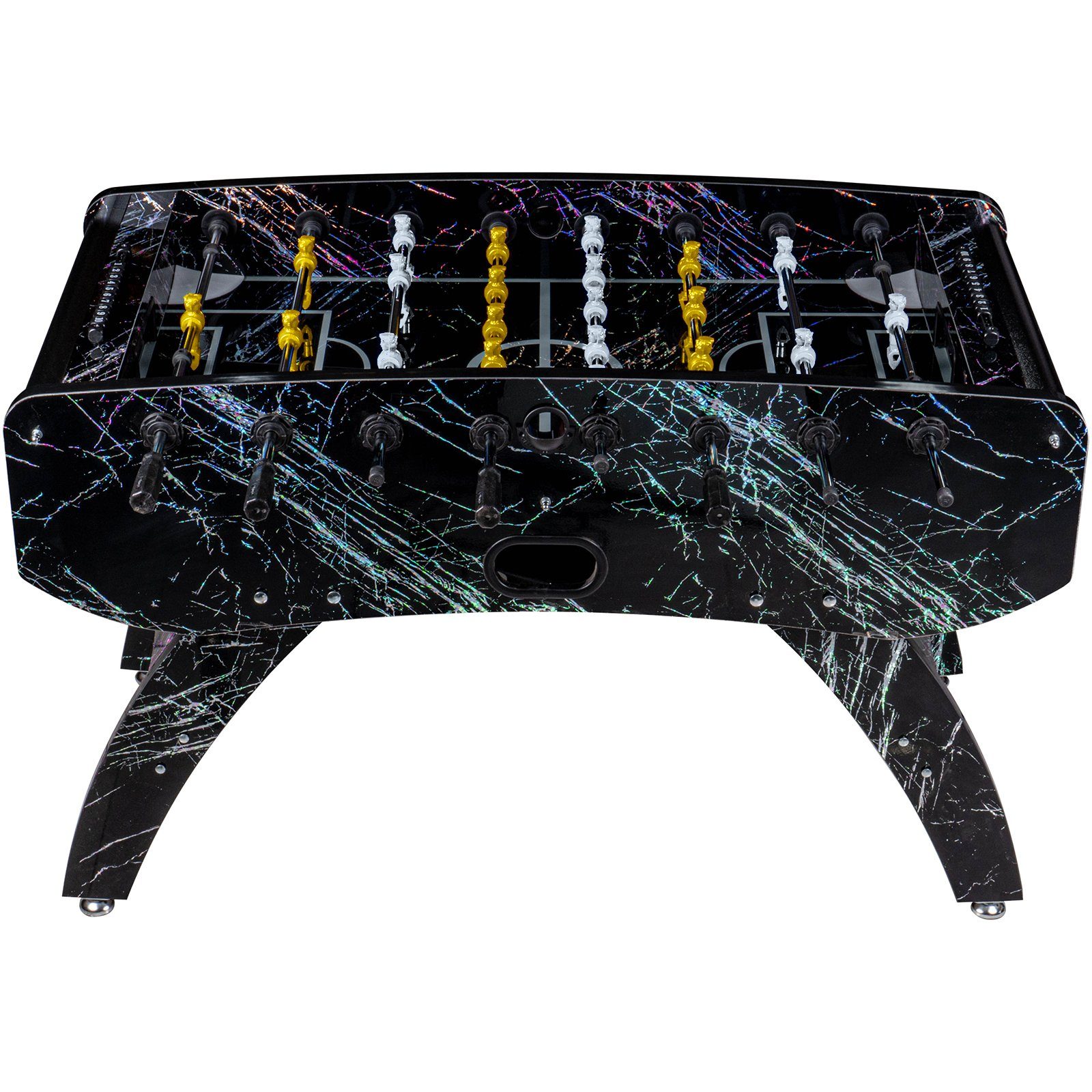 RAMROXX Kickertisch Fußball Premium Schwarz Glasspielfeld Figuren Weiss Gelb 80kg