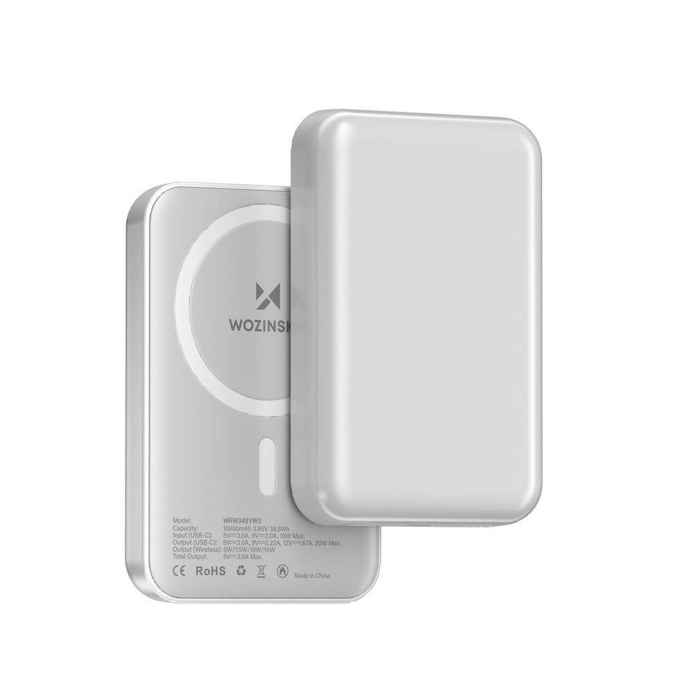 Wozinsky Zusatzakku Reiseakku Magnetladegerät Powerbank Magnetischer Zusatzakku mit kabellosem Laden WRW349YWS 10000 mAh (3, 85 V, 1 St), MagSafe-kompatibel, 20 W USB-C, 15 W kabellos, LED