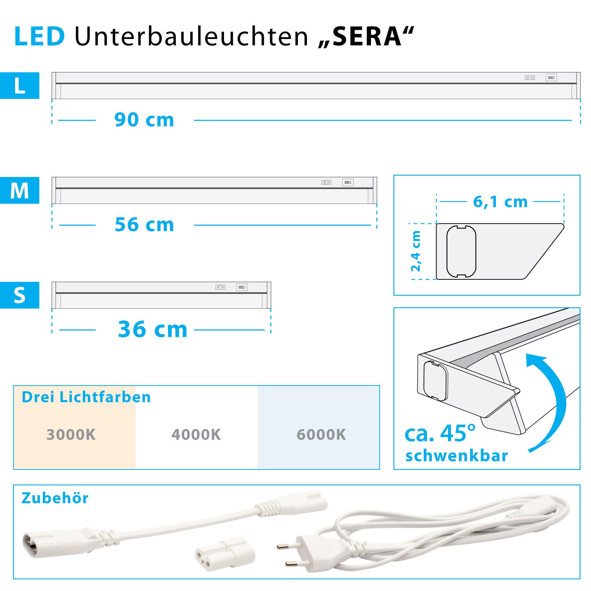 Maxkomfort LED Unterbauleuchte schwenkbar & 3-Stufen-Dimmfunktion - 36cm/56cm/90cm in Weiß/Grau, LED fest integriert, 3 Lichtfarben, Warmweiß/Kaltweiß/Neutralwe – Bild 5 von 5
