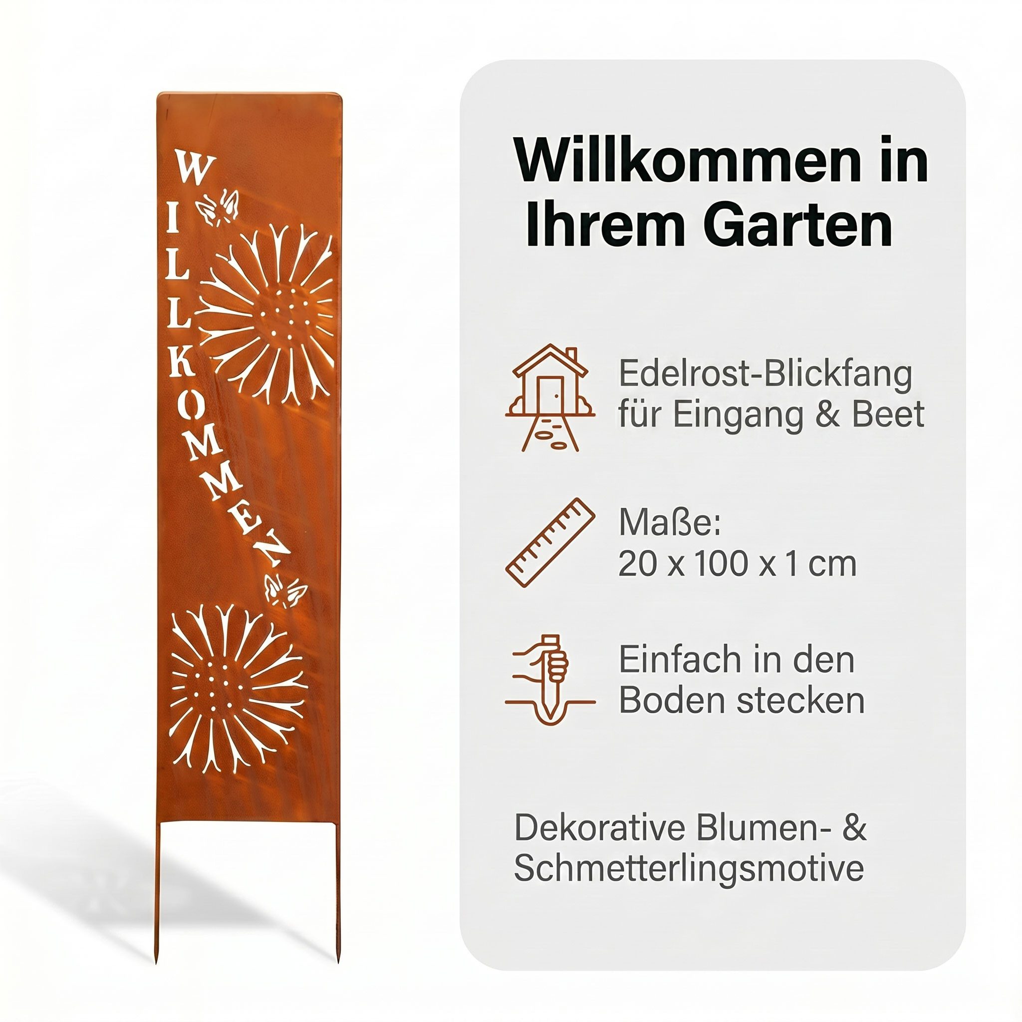 Levandeo® Gartenstecker Gartenstele Willkommen Metall Edelrost 20x100cm Blumen Schmetterling – Bild 3 von 5