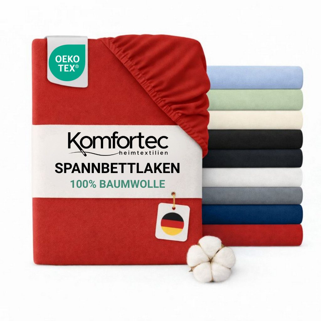 Komfortec Spannbettlaken Jersey Spannbettuch, 90x200, 140x200, 160x200, 180x200 oder 200x200 cm, 100% Baumwolle (135 g/m), Gummizug: Rundum, (1 Stück), OEKO-TEX® Standard 100 Zertifisiert, für Matratzen bis 25 cm Höhe