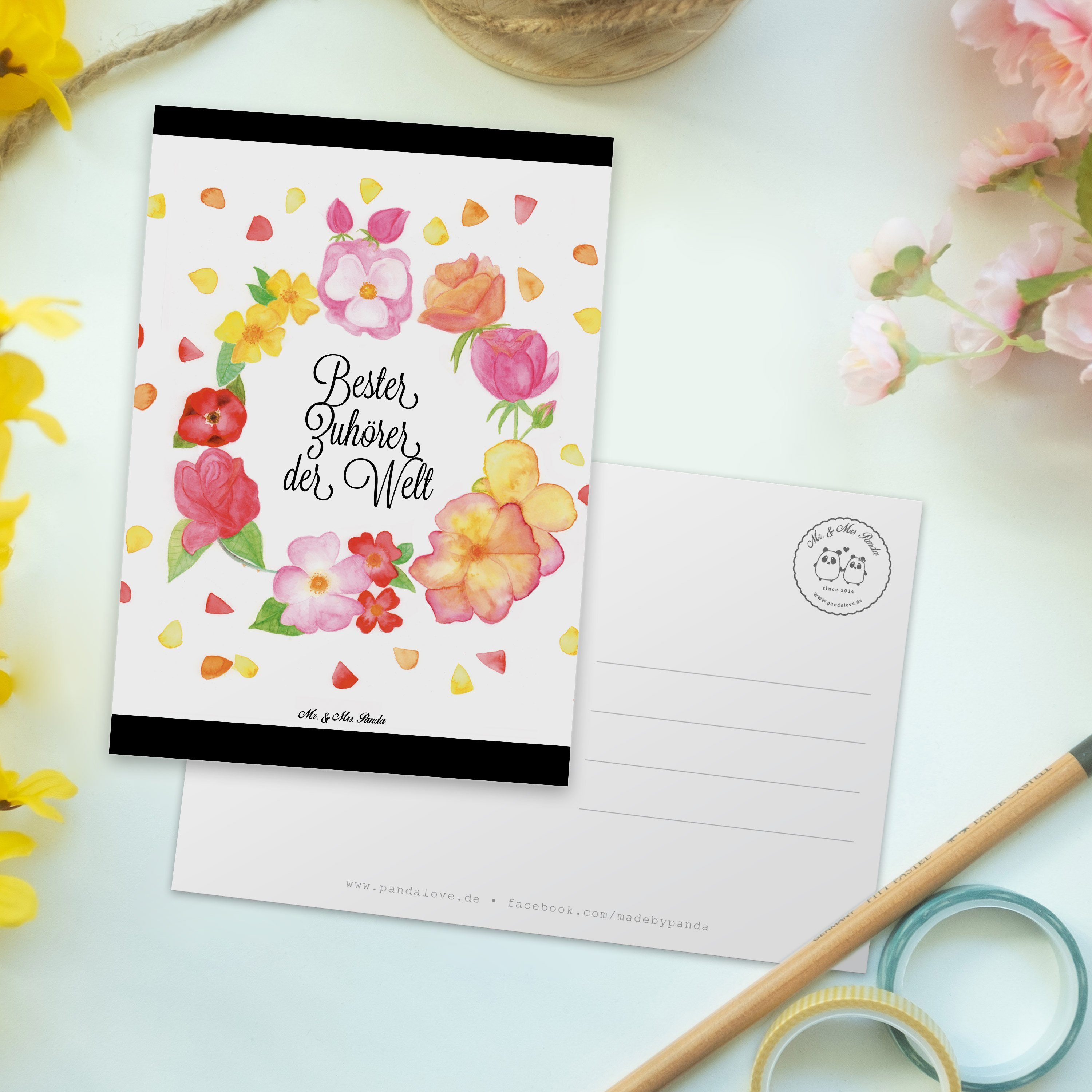 Mr. - Postkarte Einladung, Hilfe, - Zuhörer Panda & Weiß Mrs. Geschenk, Einladungskarte, Blumen