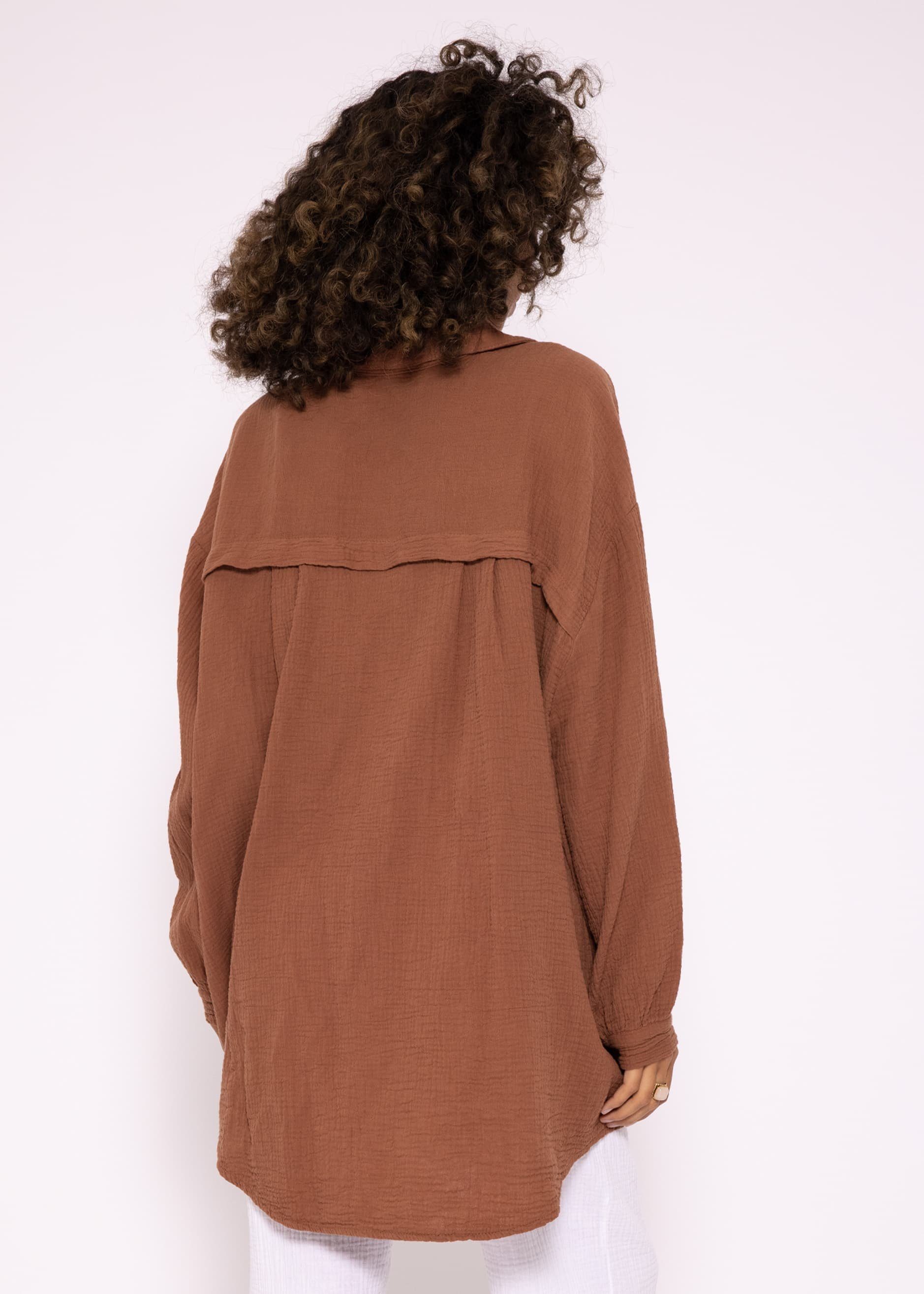 SASSYCLASSY Longbluse Oversize Musselin Bluse mit V-Ausschnitt, lang Langarm Baumwolle (Gr. Size aus Cafelatte Hemdbluse Damen 36-48) One