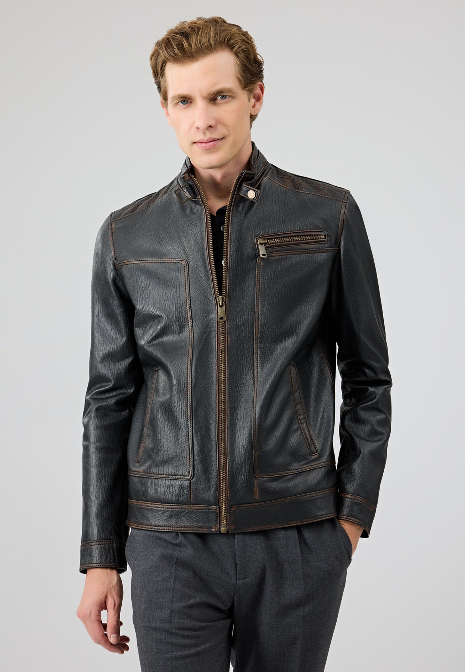 Lederjacke Felibe Vintage Lederjacke mit Stehkragen