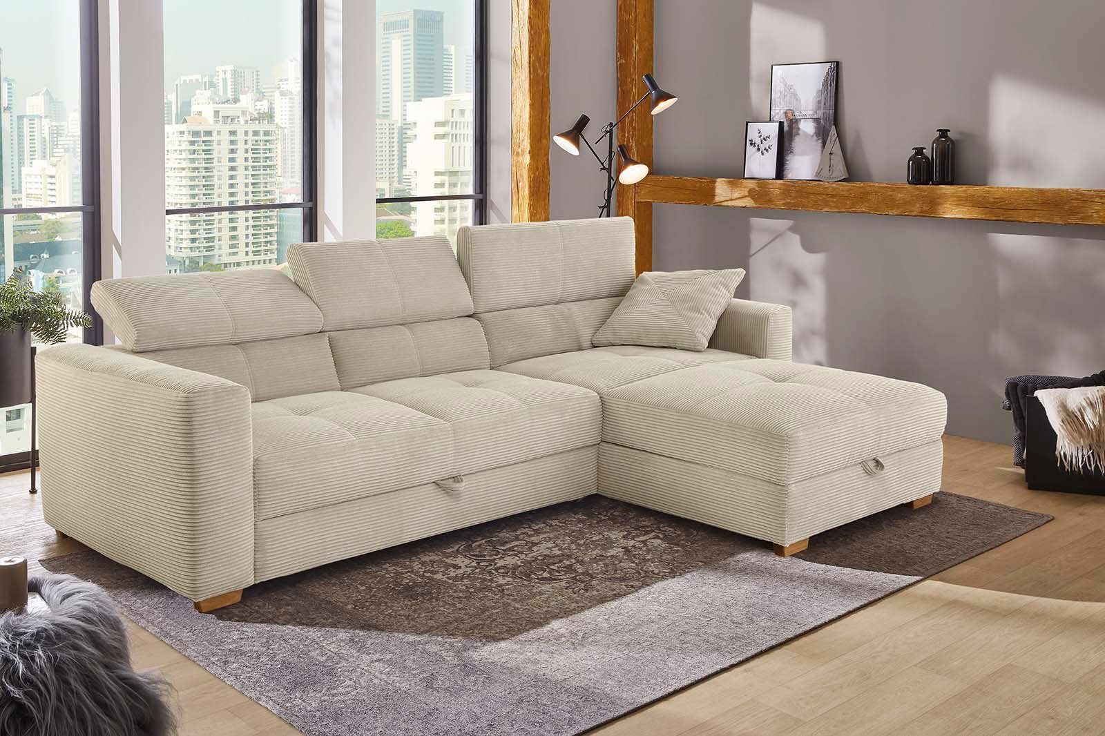 Jockenhöfer Gruppe Ecksofa San Remo, Bettfunktion, Relaxfunktion, Bettkasten, mane links oder rechts grau-beige | grau-beige