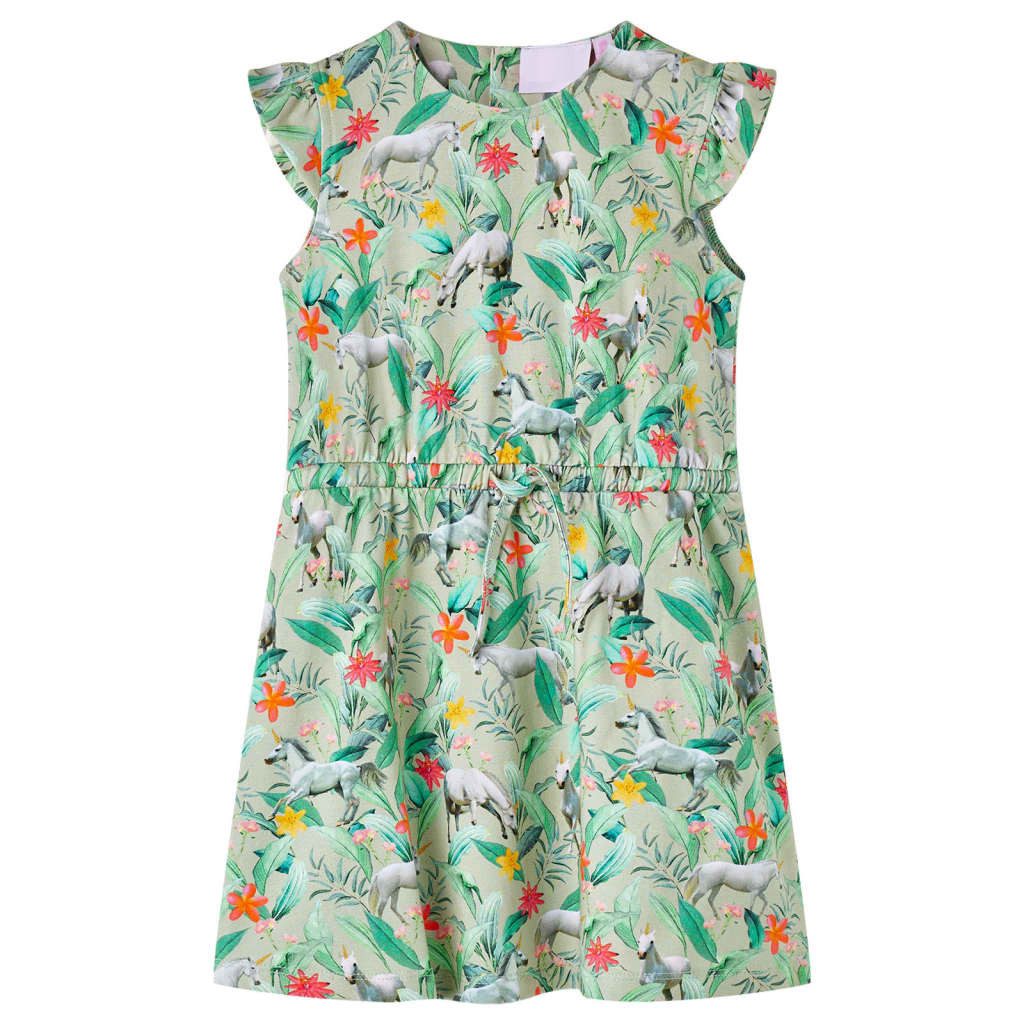 Druckkleid Kinderkleid mit Flügelärmeln Hellkhaki 128