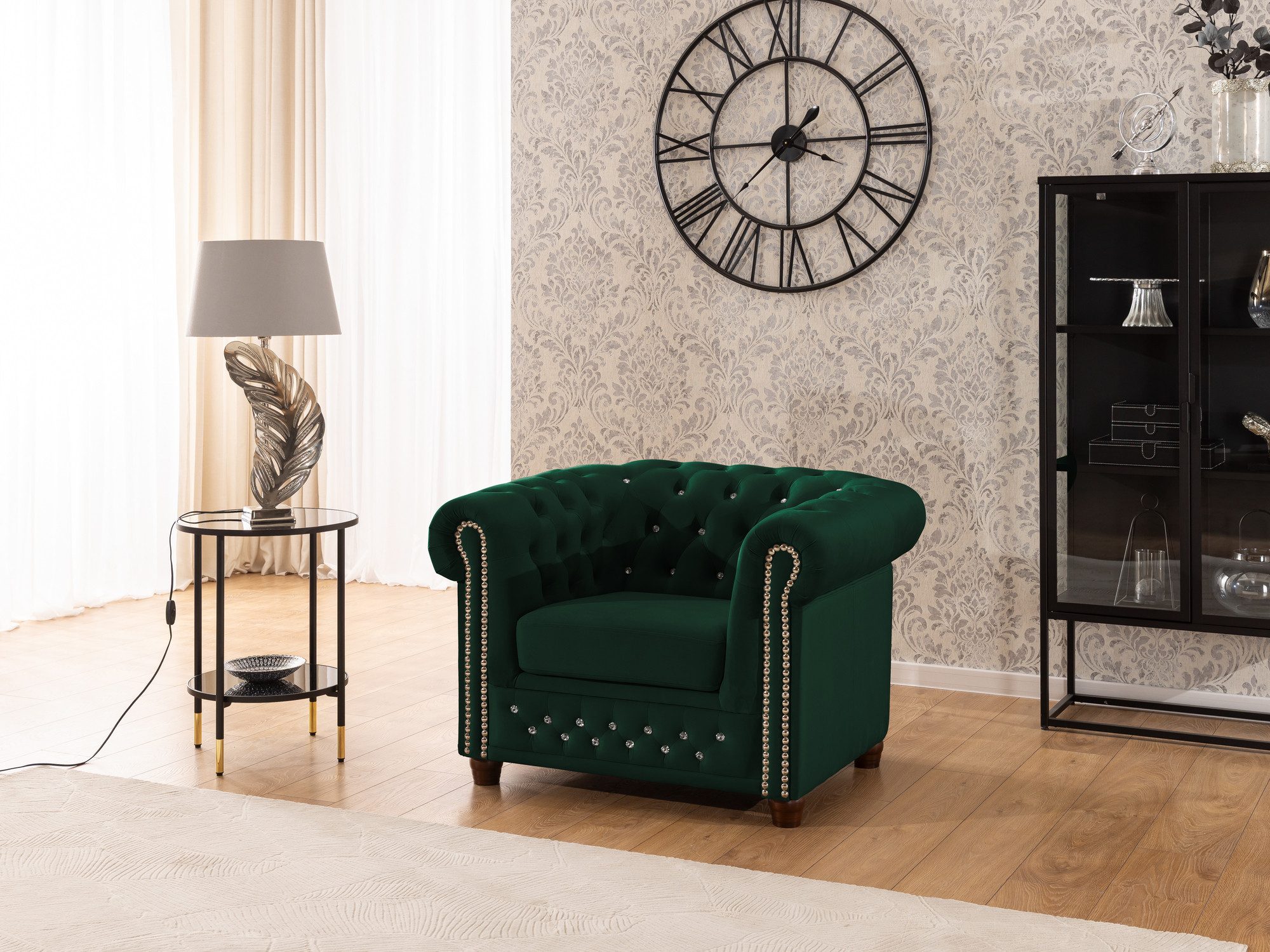 S-Style Möbel Chesterfield-Sessel Cleo Blink aus Samt mit Kristallsteppung und braunen Massivholzfüßen, mit Wellenfederung – Bild 4 von 5