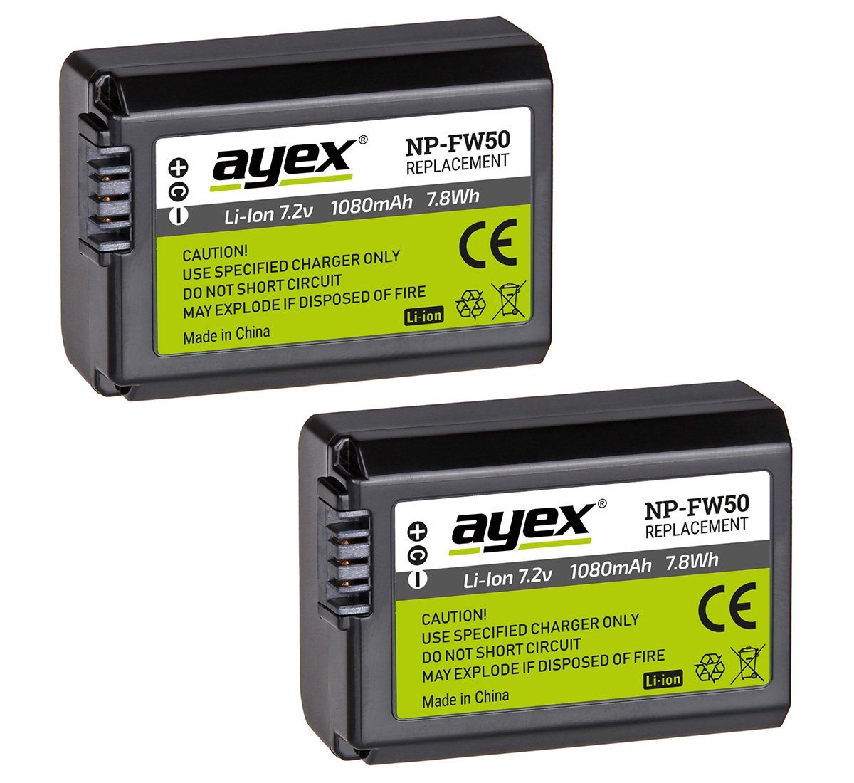 ayex 2x NP-FW50 Sony NEX und Alpha zB A7S A7RII A7II A6500 NEX 7 RX10 Kamera-Akku