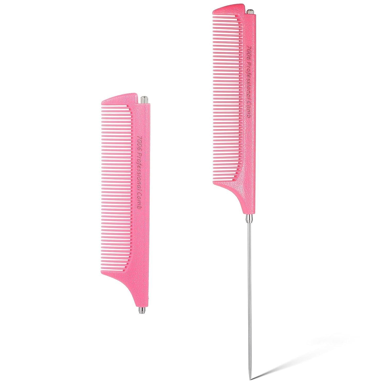 LuxusKollektion Stielkamm 2er Set Teleskop Stielkamm Edelstahl Rosa Rattenschwanz Friseurkamm