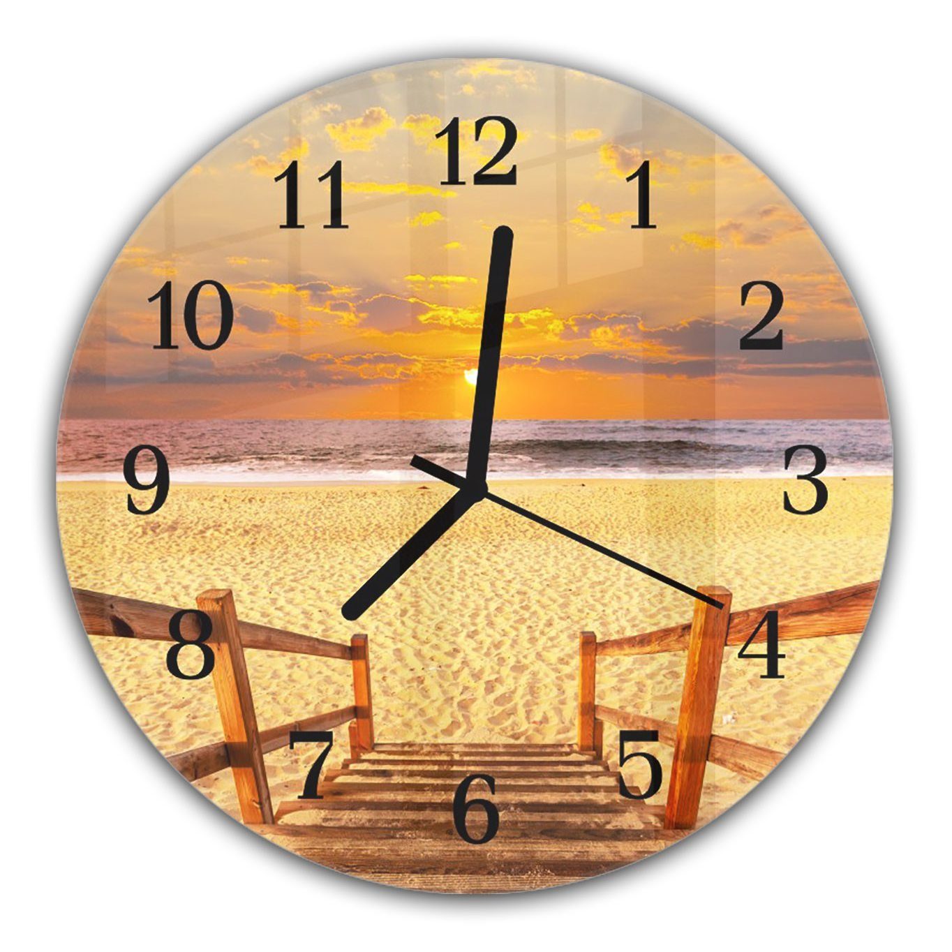 Motiv Primedeco Rund und mit Wanduhr aus Quarzuhrwerk Durchmesser mit Glas Sonnenuntergang - Wanduhr cm 30 bei Strand