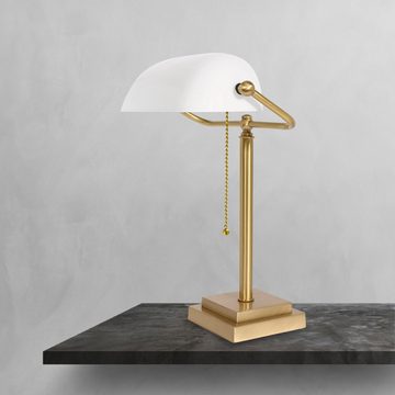 Licht-Erlebnisse Schreibtischlampe DAVID, ohne Leuchtmittel, Tischleuchte in Bronze hell Weiß E27 40 cm Glas Echt-Messing