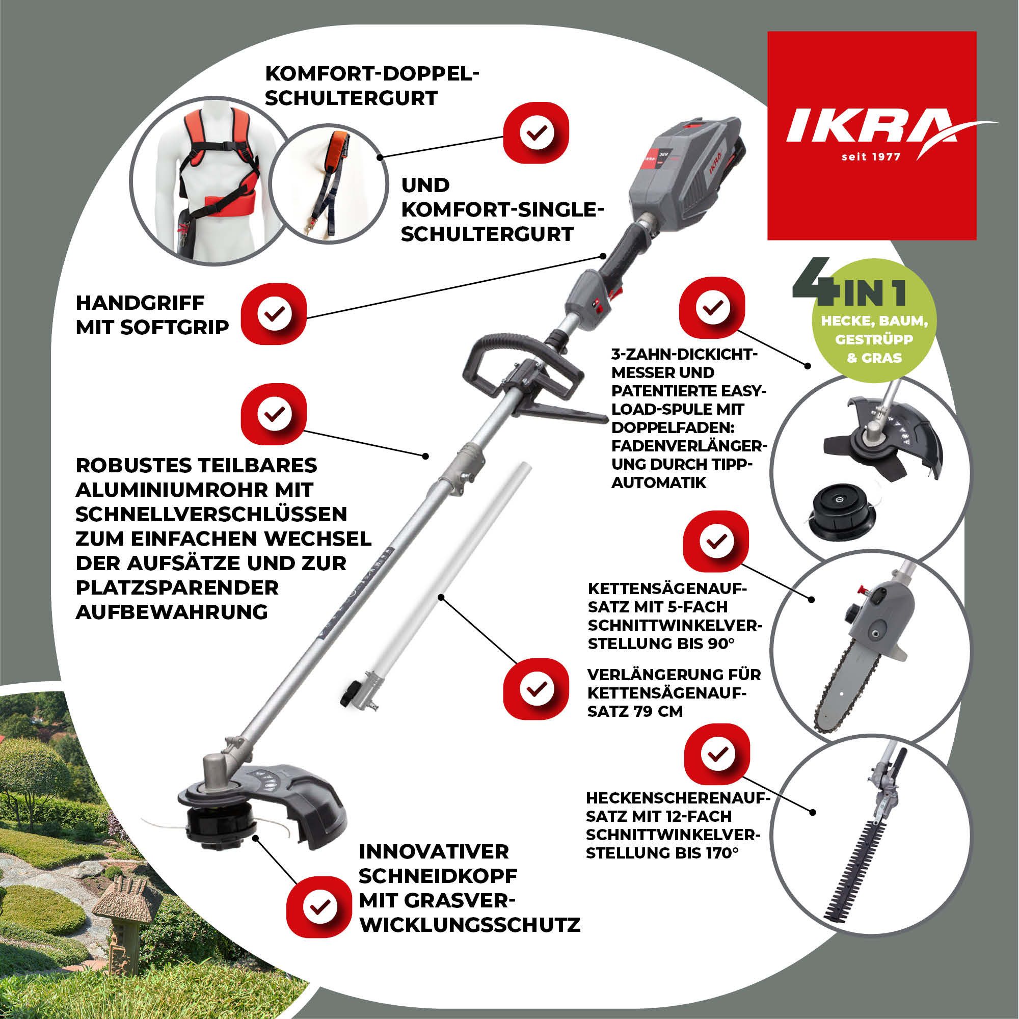 ikra GmbH Garten-Multifunktionsgerät IB-MT 36, inkl. 36V Akku (4 Ah) & Ladegerät, kompatibel mit BOSCH 36V