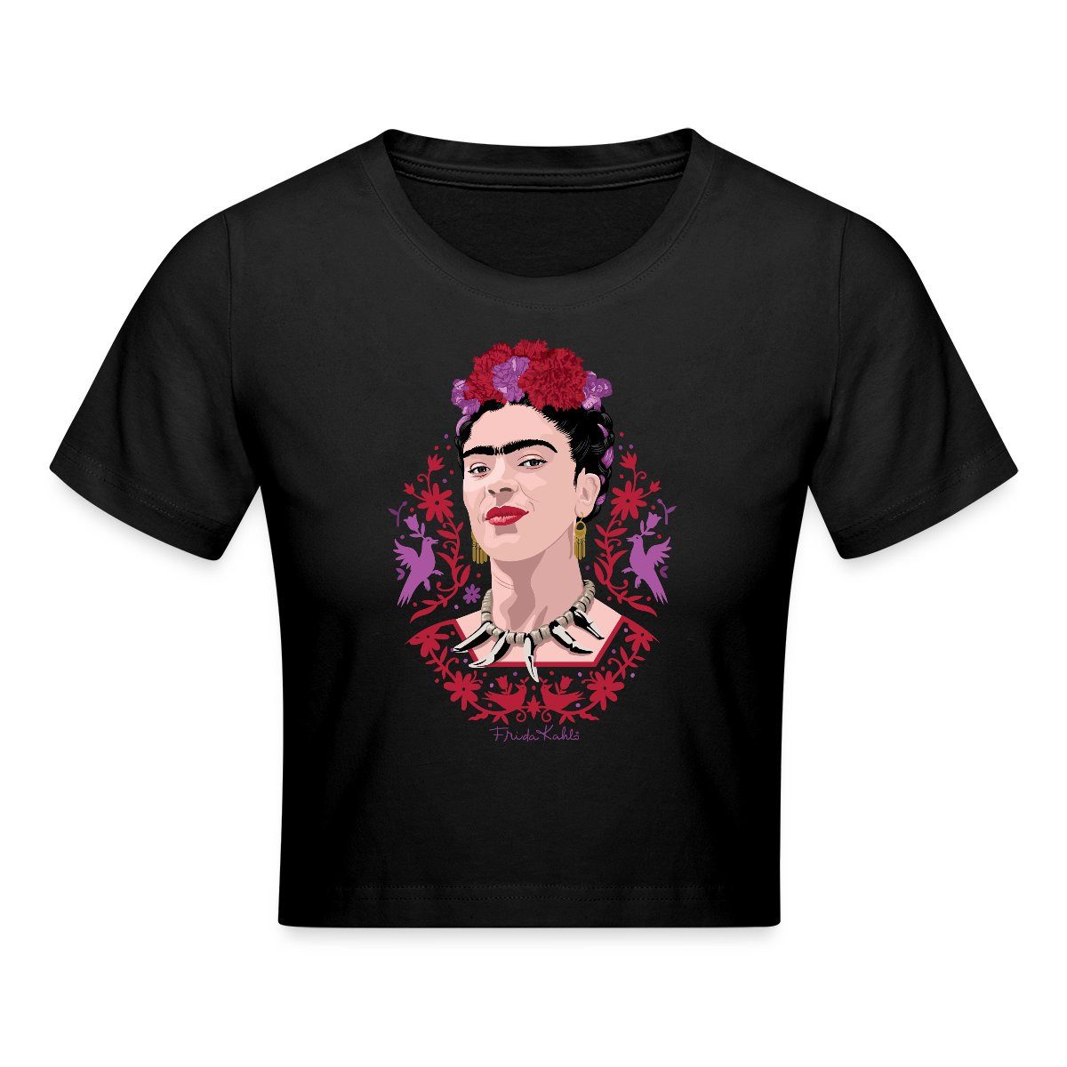 T-Shirt Frida Kahlo Portrait Mit Blüten Lila Und Rot Crop Top