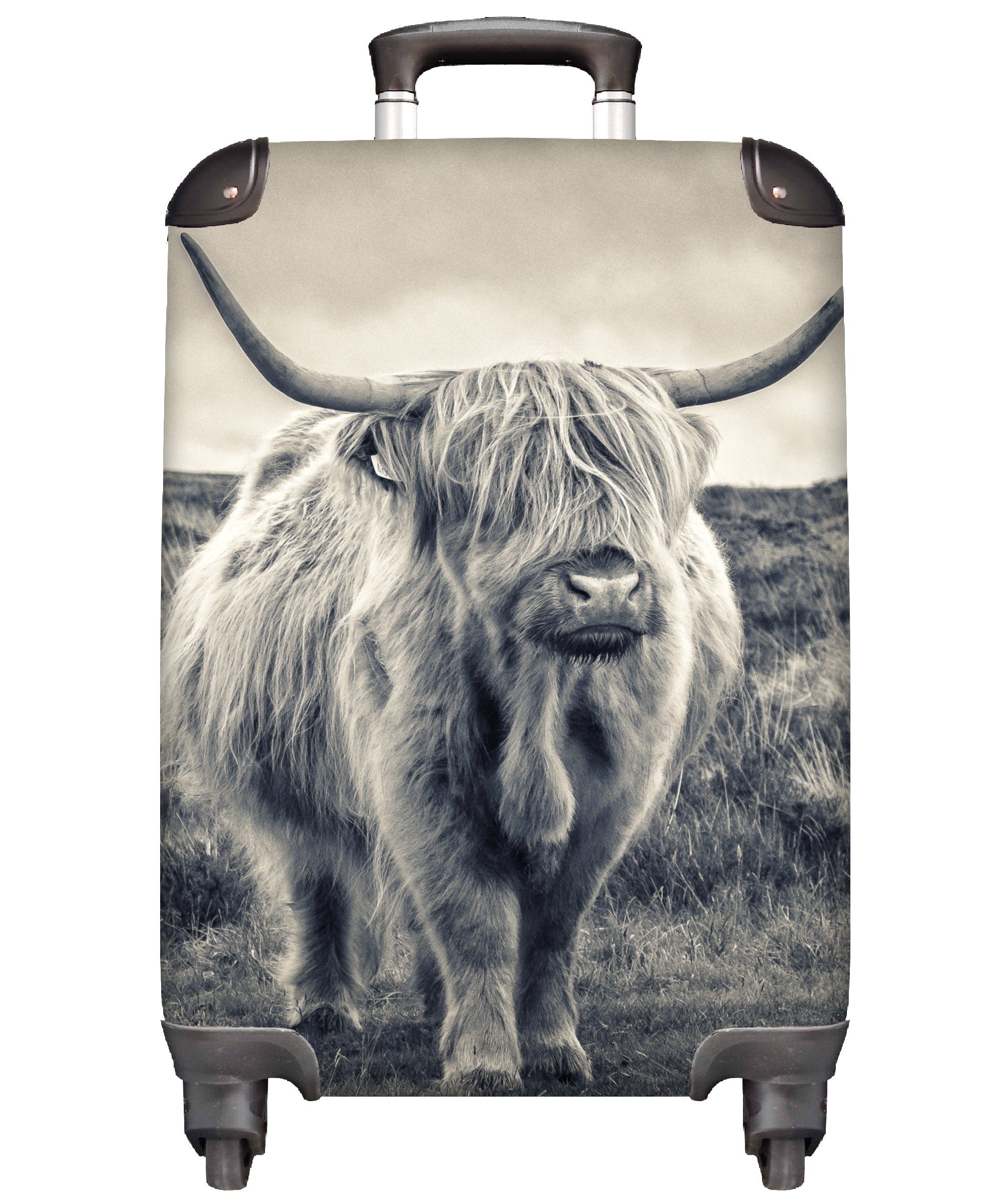 Natur, - 4 MuchoWow Tiere Trolley, rollen, Schottischer Wolken Ferien, Reisetasche - - Hochländer Kuh für Rollen, Reisekoffer Handgepäckkoffer - mit Handgepäck